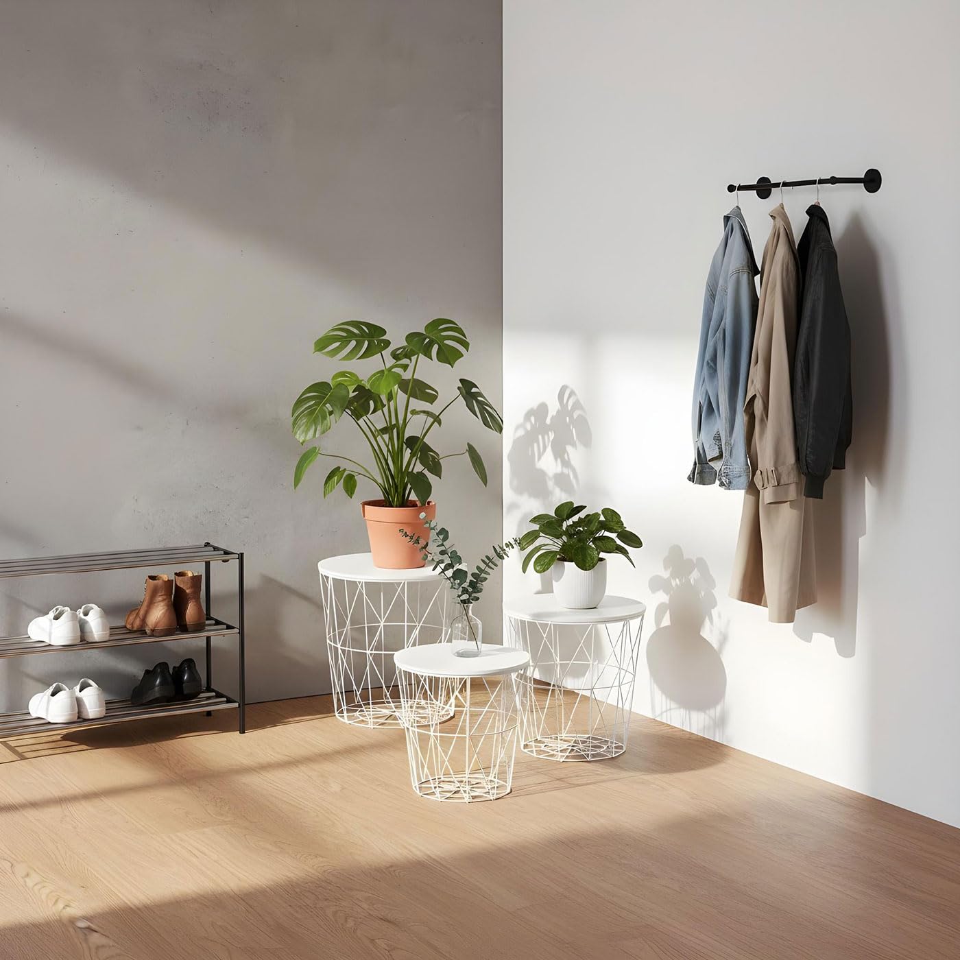 levandeo 3er Set Beistelltisch Metall Metallkorb Drahtkorb Weiß Couchtisch Deckel Aufbewahrung Design Deko Tisch