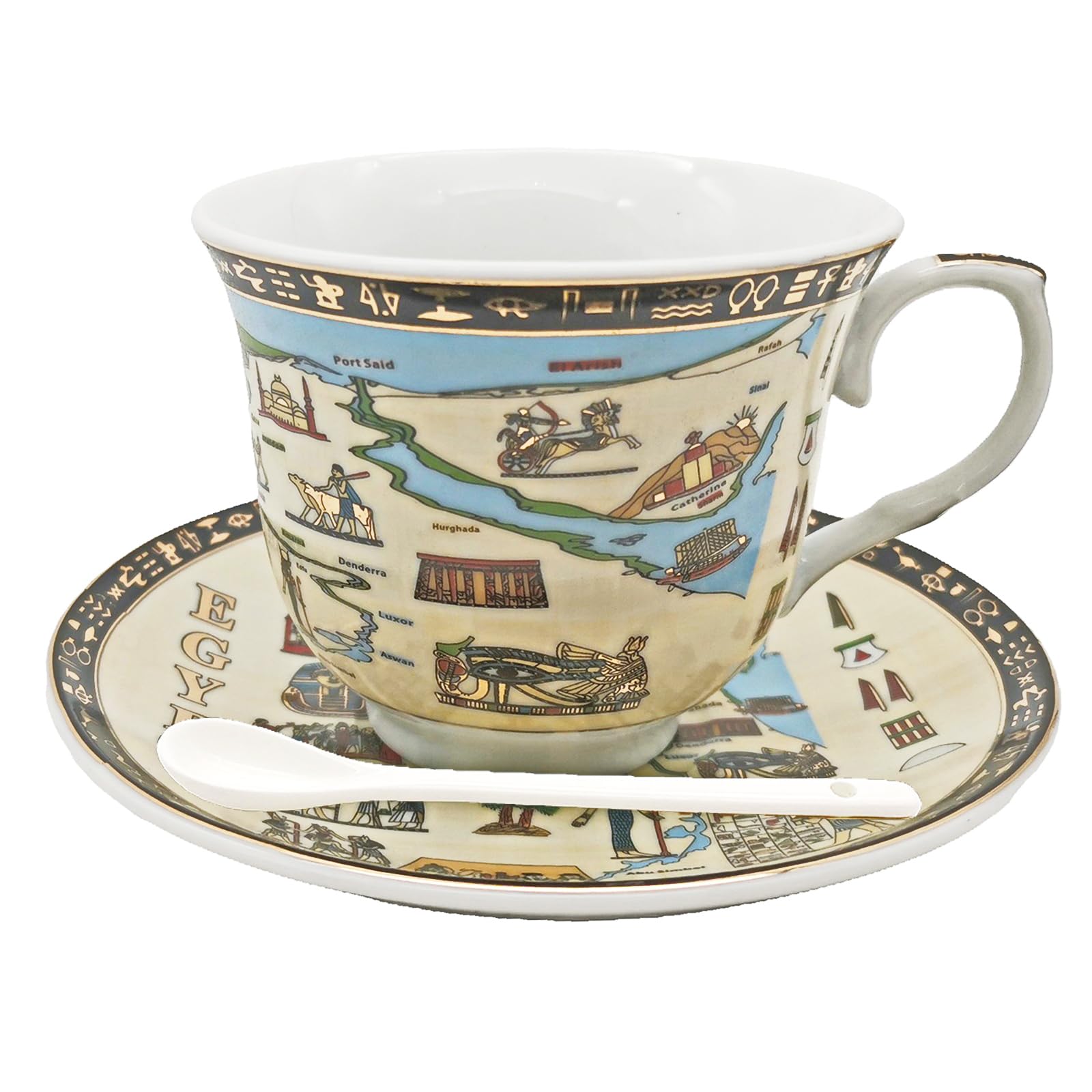 Coffee Espresso Cups and Saucers Set Egyptian River Map Golden Ceramic Cup Espresso shot Cup, Demitasse Cup 3.4oz/100ml Tea Cup Set Porcelain Gift for Birthday Family Friends (Beige and Blue)