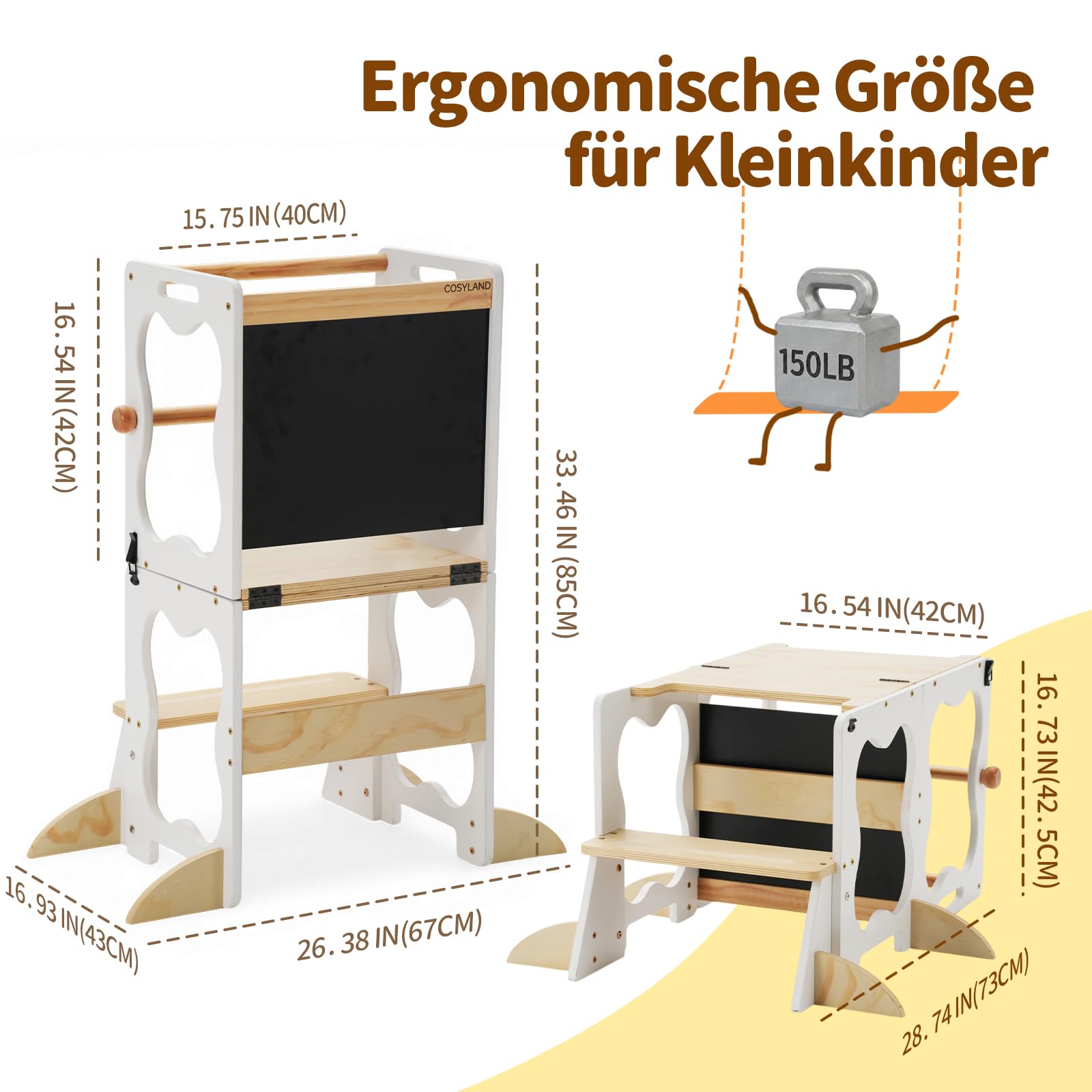 COSYLAND Lernturm Kinder 3in1 Küchenhelfer mit Tafel & Geländer Weiß | Wandelbar zu Tisch & Stuhl, ideal für Küche und Alltag. Stabil, sicher, pflegeleicht und perfekt für Ihr Kind.