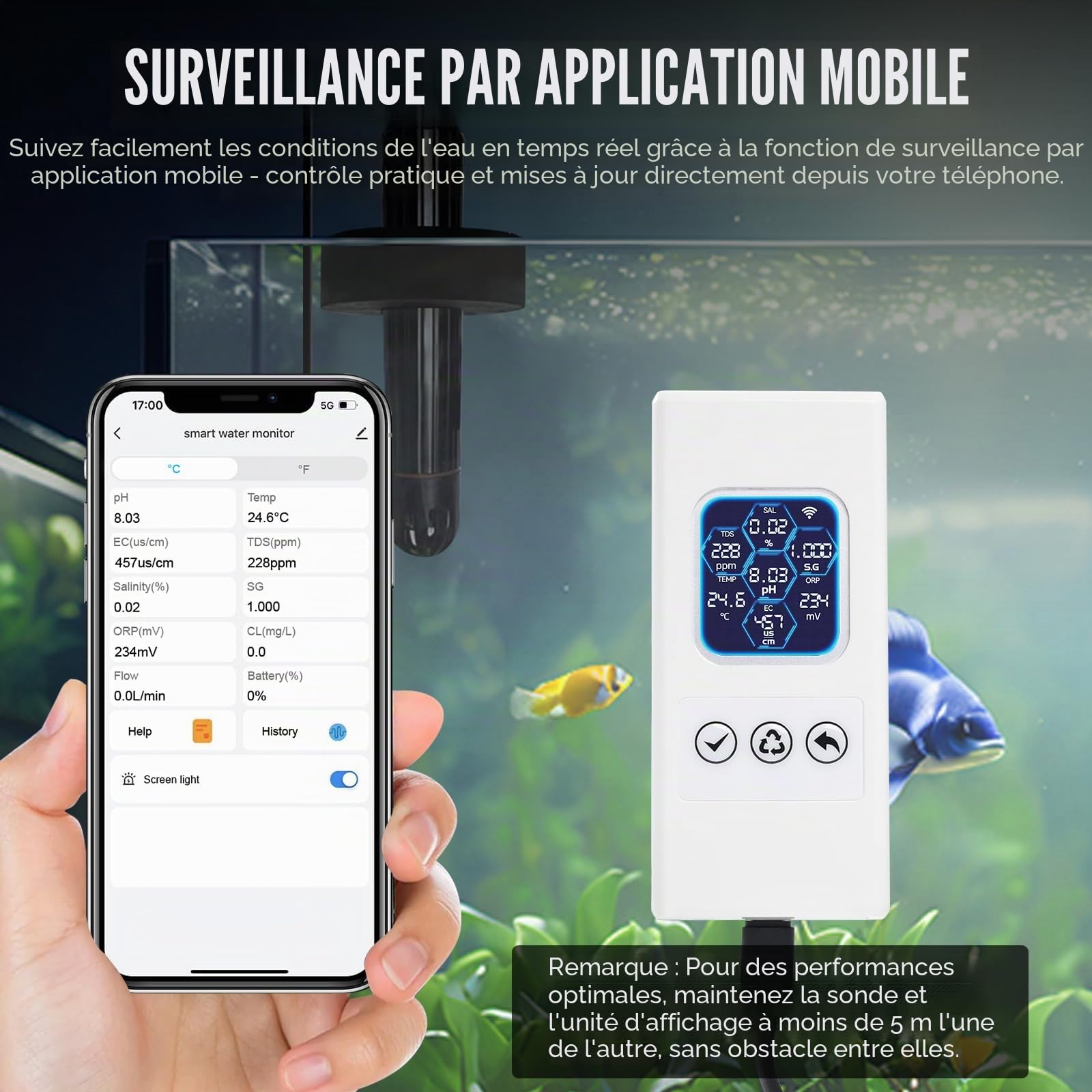 TEKCOPLUS Moniteur de qualité de l'eau WiFi sans fil 7 en 1 – pH/ORP/TDS/EC/salinité/SG/Temp, application Tuya, alertes en temps réel, affichage couleur ATC pour aquarium, eau douce et eau salée