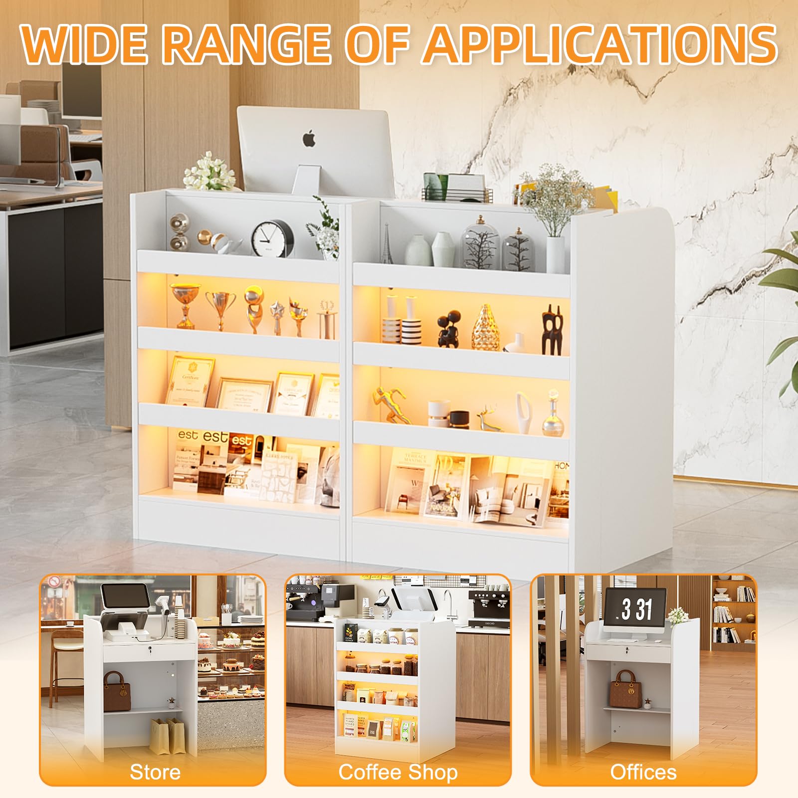 Empfangstheke mit LED,Verkaufstheke mit Abschließbare Schubladen und 4 Ausstellungsregal,Rezeptionstheken mit Arbeitsfläche,Rezeptionstheke für Büro,Salon,Geschäft oder Café,Weiß,60 x 60 x 95cm
