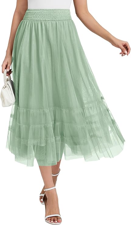 Casly Lamiit Women's Midi Skirt Casual Tulle Skirt Elastic High Waisted Skirts Flowy Tiered A Line Skirts