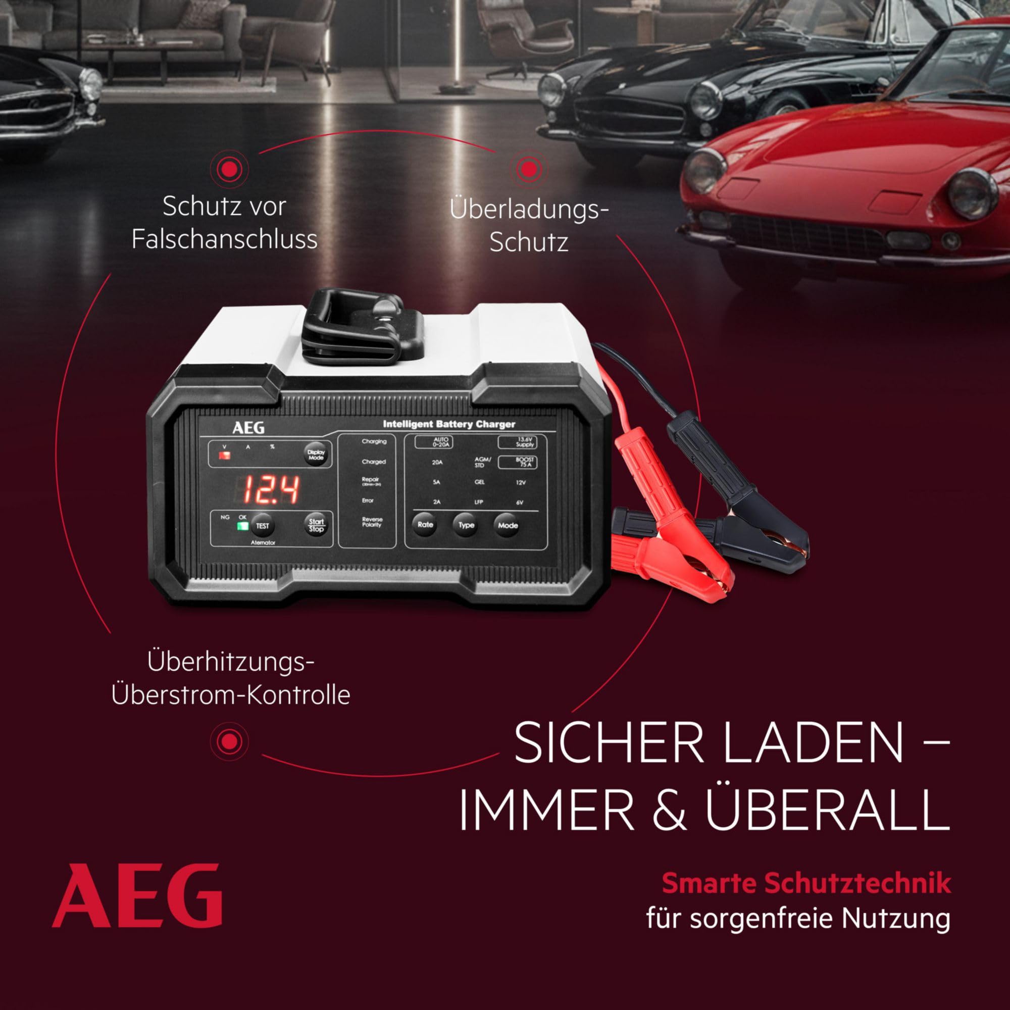 AEG Batterieladegerät CW20, für 6/12 V Batterien, 20A, automatische Ladefunktion, umfangreicher Sicherungsschutz, Erhaltungsfunktion, Ladestatusanzeige in Prozent, LED-Display