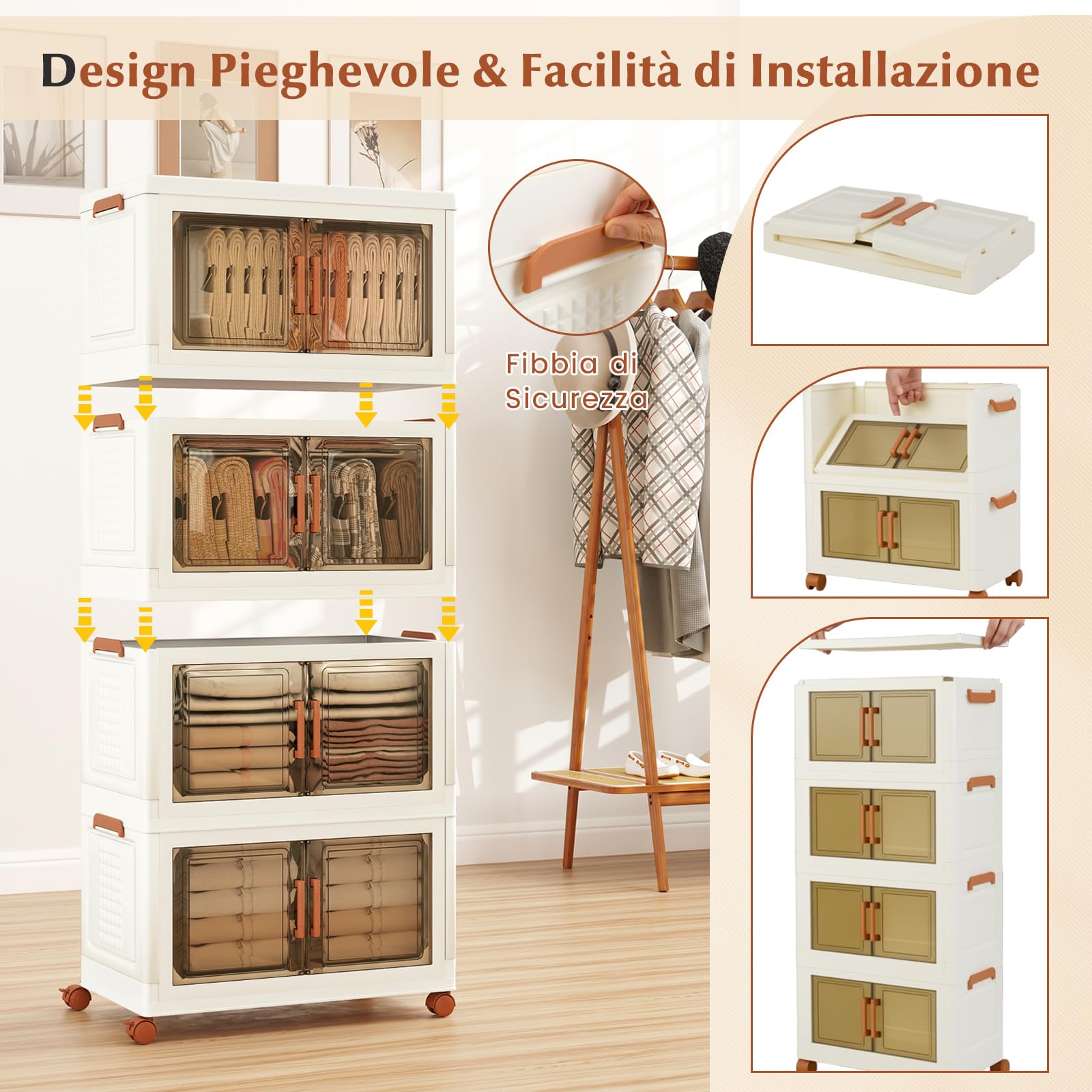 COSTWAY Contenitori Pieghevoli con Coperchio, Set da 4/3 Scatole di Plastica Impilabili con Ruote, per Organizzatore di Armadio con Porte a Apertura Frontale, Multiuso (68,5 x 37,5 x 140 cm)