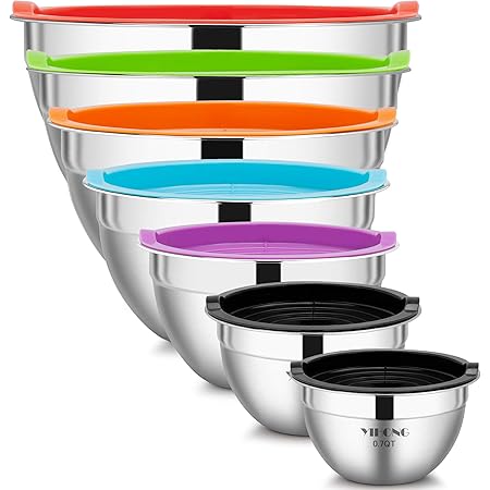 YIHONG 7 Piece Mixing Bowls with Lids for Kitchen, Stainless Steel,Ideal for Baking, Prepping, Cooking and Serving Food, Nesting Metal Bowls for Space Saving Storage