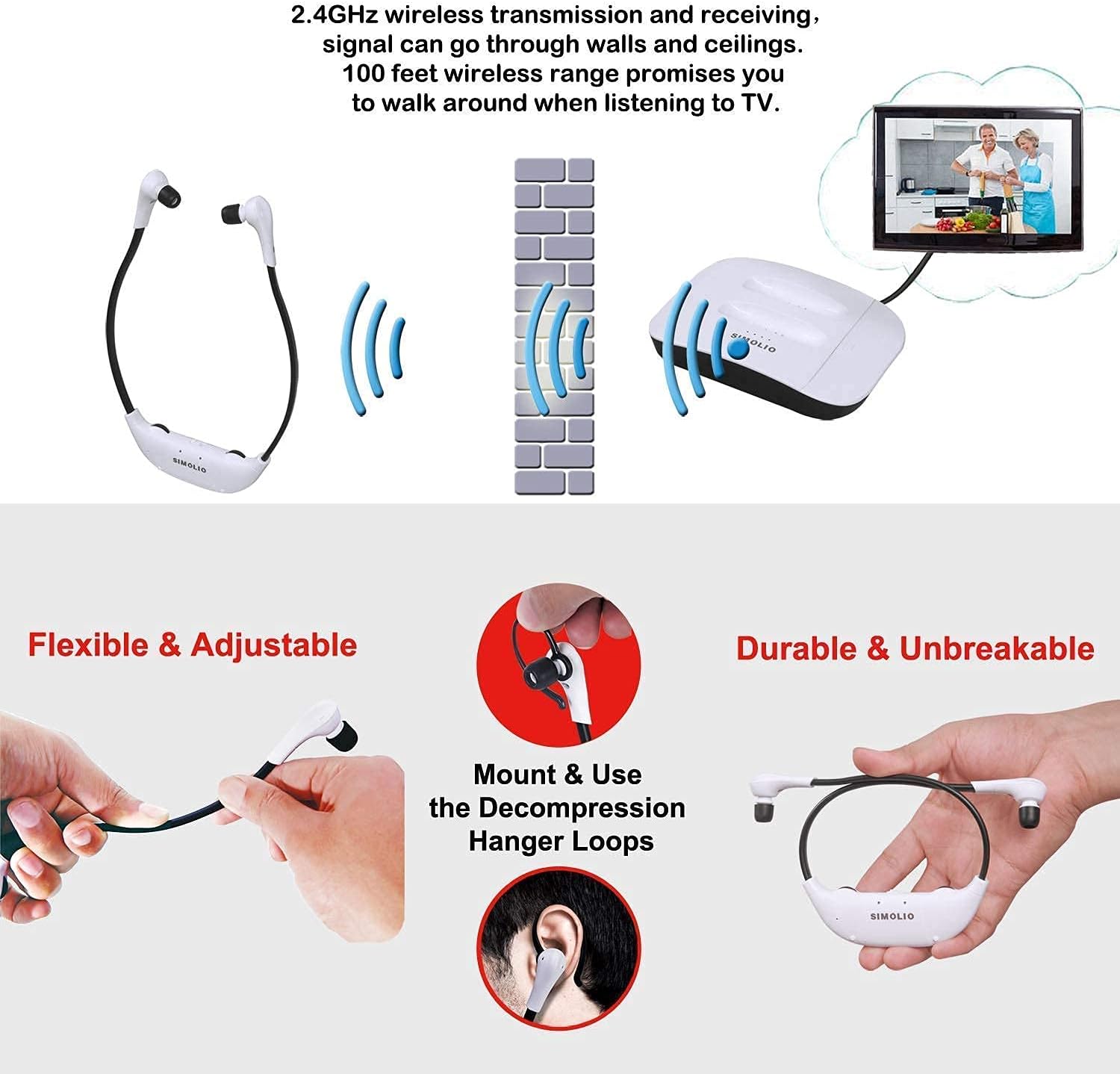 simolio digital 2 4g dual wireless tv headphones with spare battery and ear tips for hearing impaired and seniors voice enhancement tone balance a