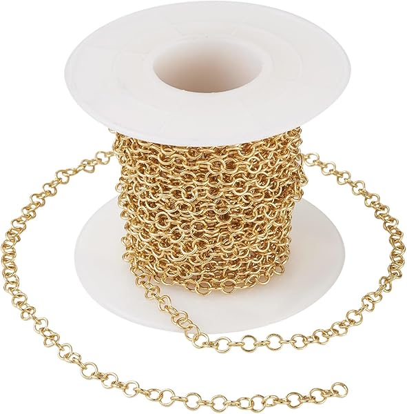 Pandahall 16.4 Feet 18K Gold Plated Brass Rolo Chains 3.5x0.8mm Golde Plated Chains Soldered Belcher Chain with Spool for DIY Jewelry Making Necklace Bracelet