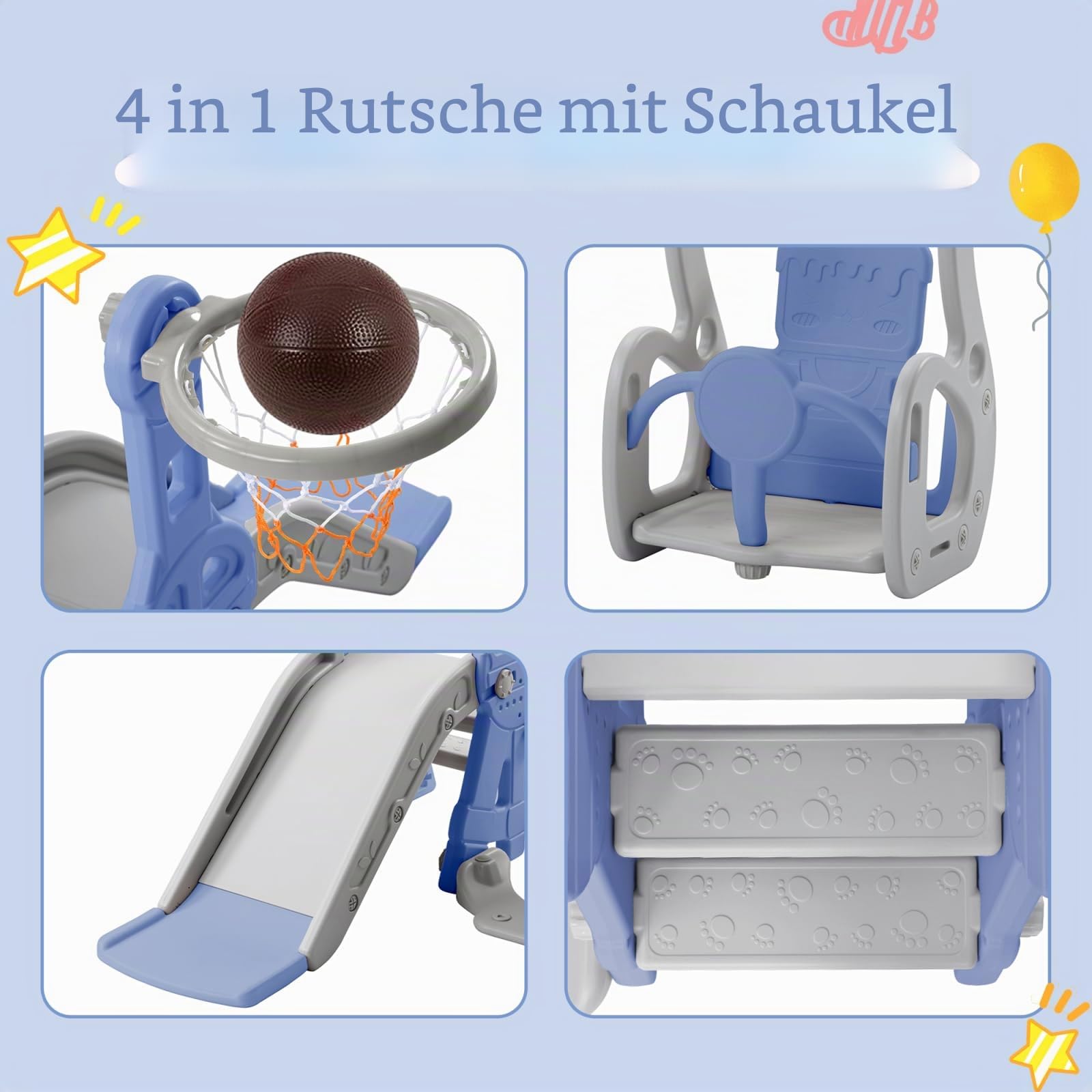 Kinderrutsche Outdoor 4-in-1,Multifunktionale Kinder Rutsche mit Schaukel,Basketballkorb und Kletterleiter,Freistehende Rutschen Für Kinder,Ideal für drinnen und draußen (Blau)