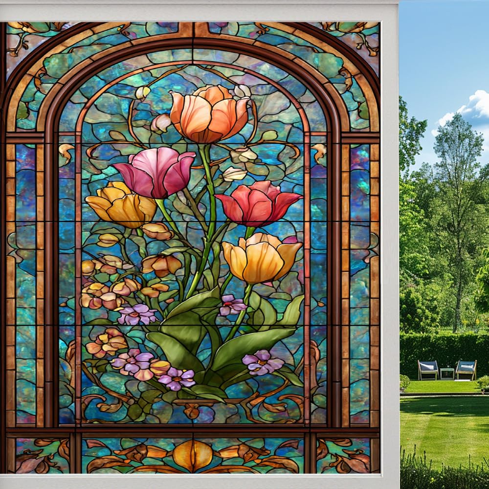 Abstract Flowers Frosted Window Film, Colorful Tulips Plants Stained Glass Privacy Film, Heat Insulation Self-Adhesive Vinyl for Bathroom Office, （45x100cm）