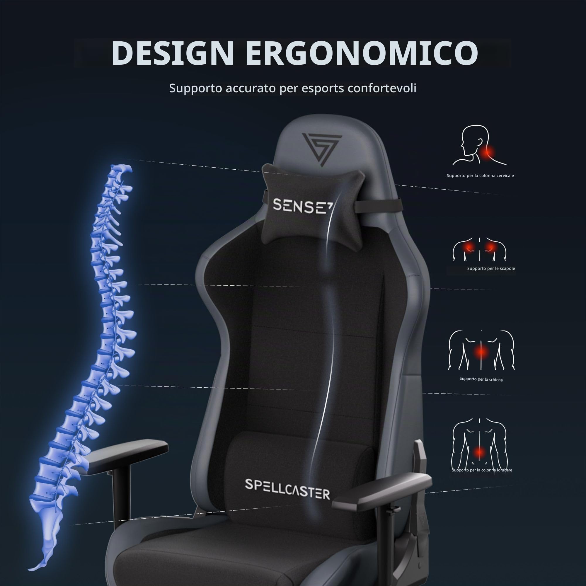 SENSE7 Sedia Gaming Spellcaster FUKU - Eco-Pelle & Alcantara - Comfort Ergonomico, Inclinazione 160°, Braccioli 1D, PU Durevole & Schiuma Traspirante - Ideale per Ufficio o Casa, Design Elegante