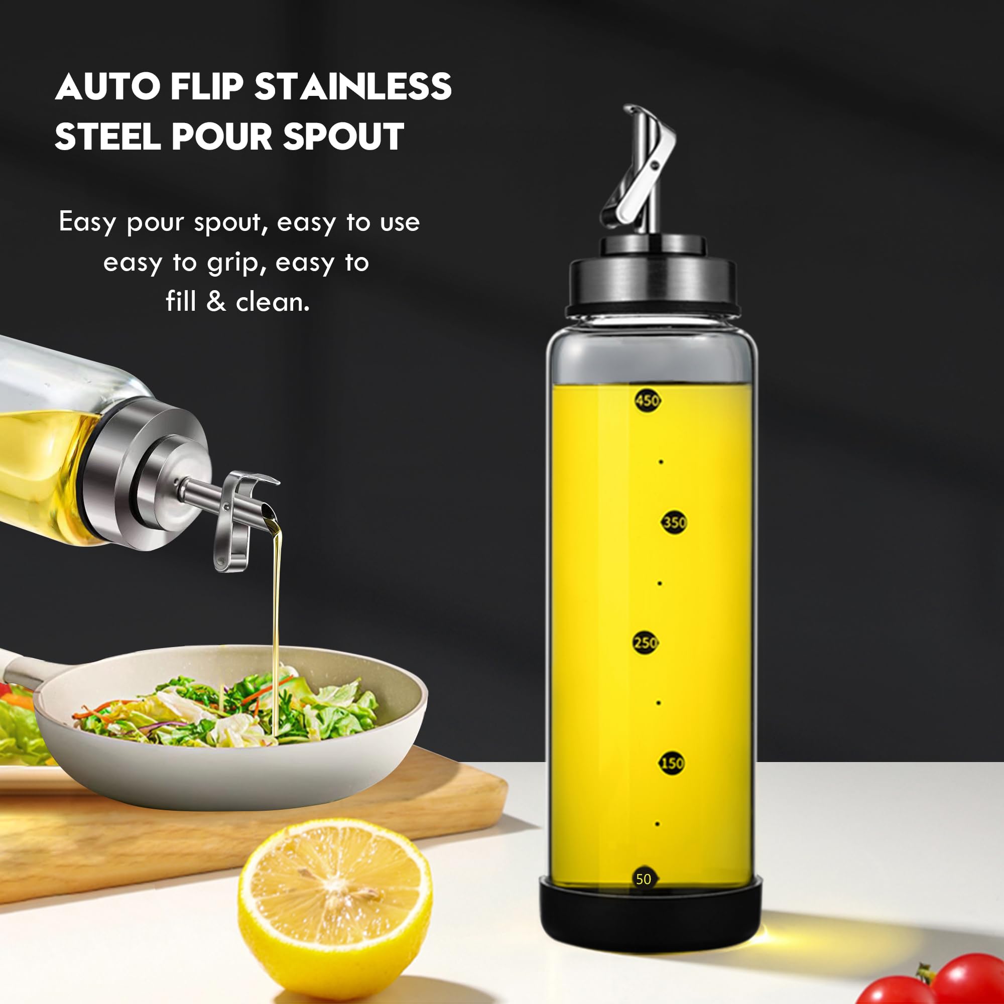 Botella dispensadora de aceite de oliva de vidrio para cocina, dispensador de aceite de cocina inastillable y a prueba de fugas con boquilla de acero inoxidable y parte inferior de goma,