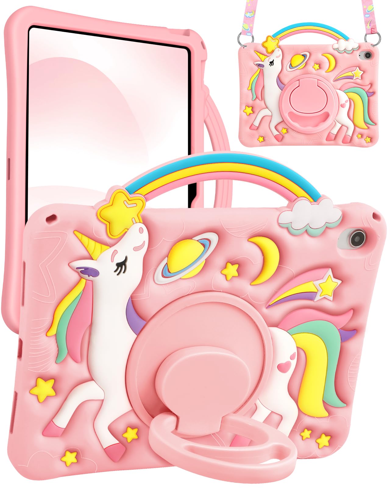 Boaretiu for iPad A16 Case/10th Generation Case - Girls Teens Cute Cartoon Rainbow Unicorn 10.9 Inch 2022 Tablet Cover with Strap & Rotating Stand