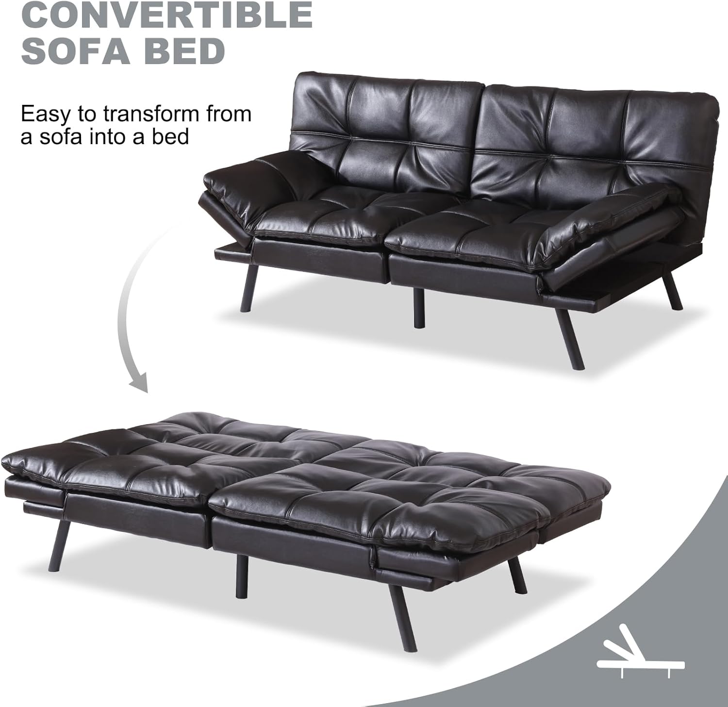 MUUEGM Futon Sofa Bed Convertible Couch,Memory Foam Futon Sofa Couch,Sleeper Futons Sofa Couches,Small Splitback Modern Loveseat Sofa Bed for Living Room,Office,Apartment,Faux Leather,Black.