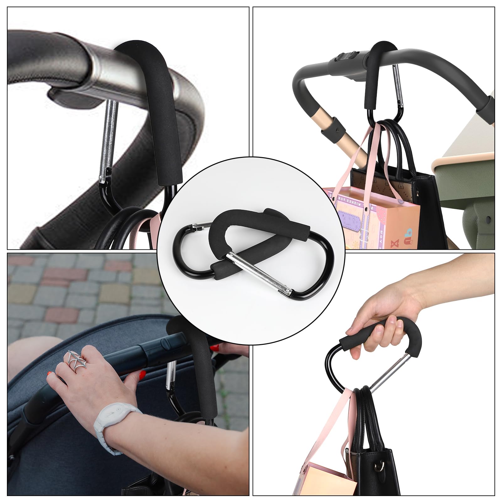 LALAGO 2 Pezzi Gancio Universale Passeggino, 16x10cm Moschettone a Gancio Multiuso, Aggancio per Borse con Imbottitura di Protezione, Ganci Passeggino, Clip Hook Stroller Organizer