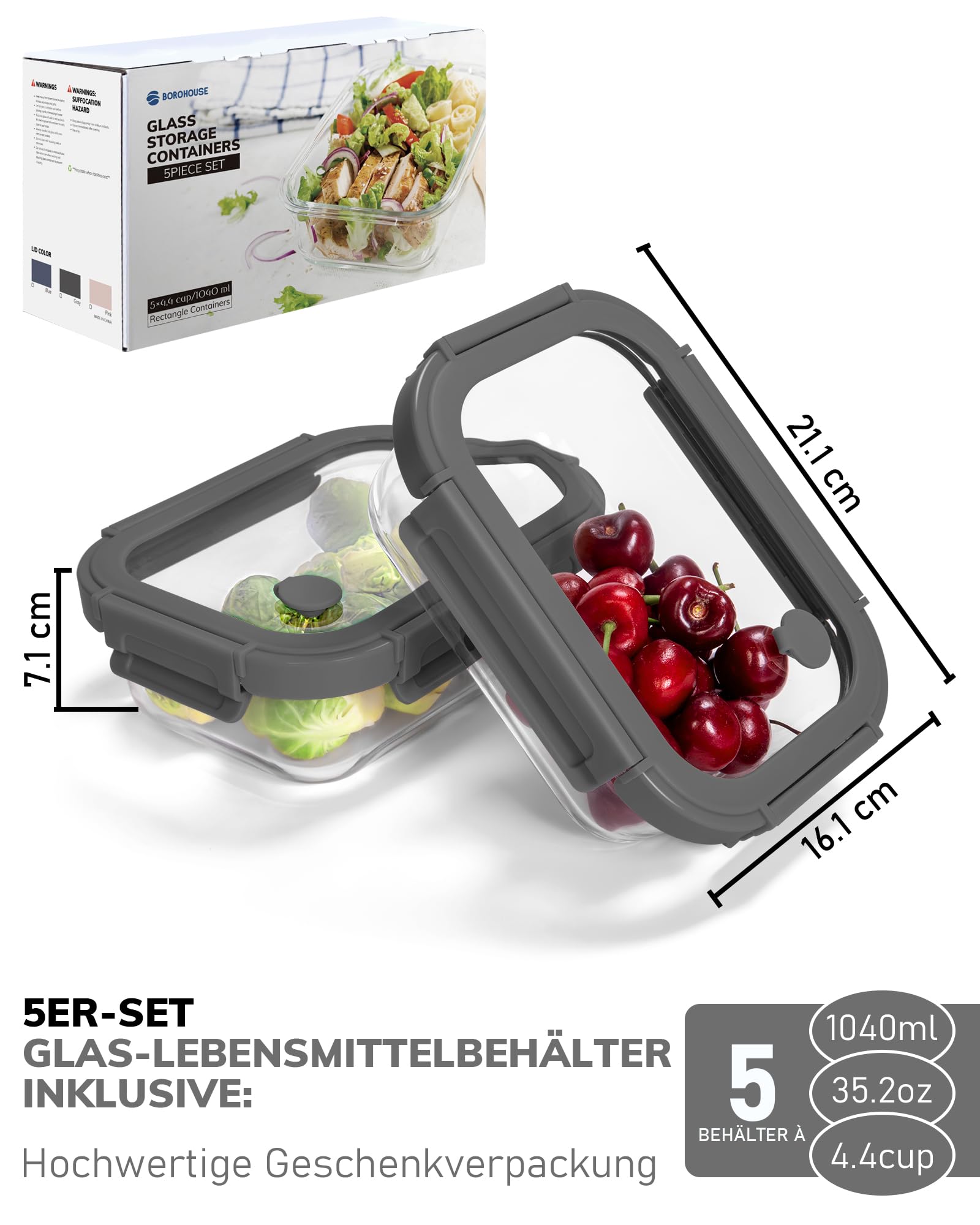 5er-Pack Borosilikatglasbehälter mit gehärtetemDeckel, 1040 ml/ 4,4 Tassen, luftdichtes Mahlzeiten-Vorbereitungs-Set, mikrowellen-/gefriergeeignet/ofen­fest-20℃~510℃, Grau