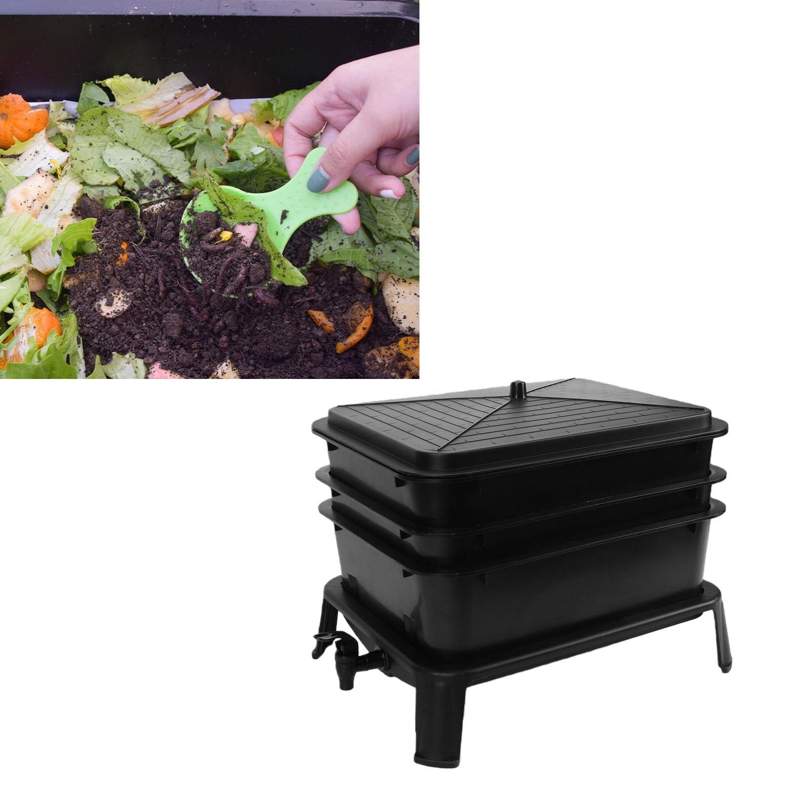 RIZGHWOY Contenedor de Compostaje de Lombrices de Tierra, Contenedor de Granja de Vermicompostador de 3 Capas de Gran Capacidad, Compostaje Interior y Exterior para Residuos de Alimentos