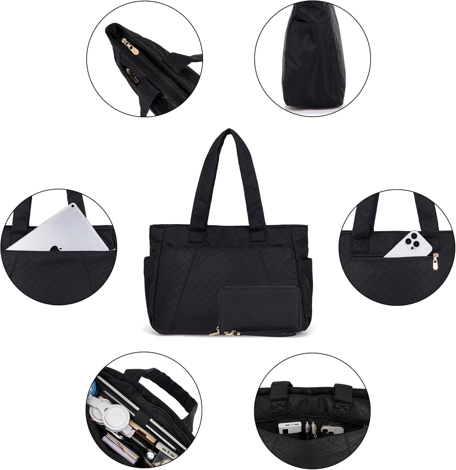 Quilted Tote Bag for Women Lightweight Water Resistant Laptop Bag Shoulder Bag for Work Travel Gym Beach