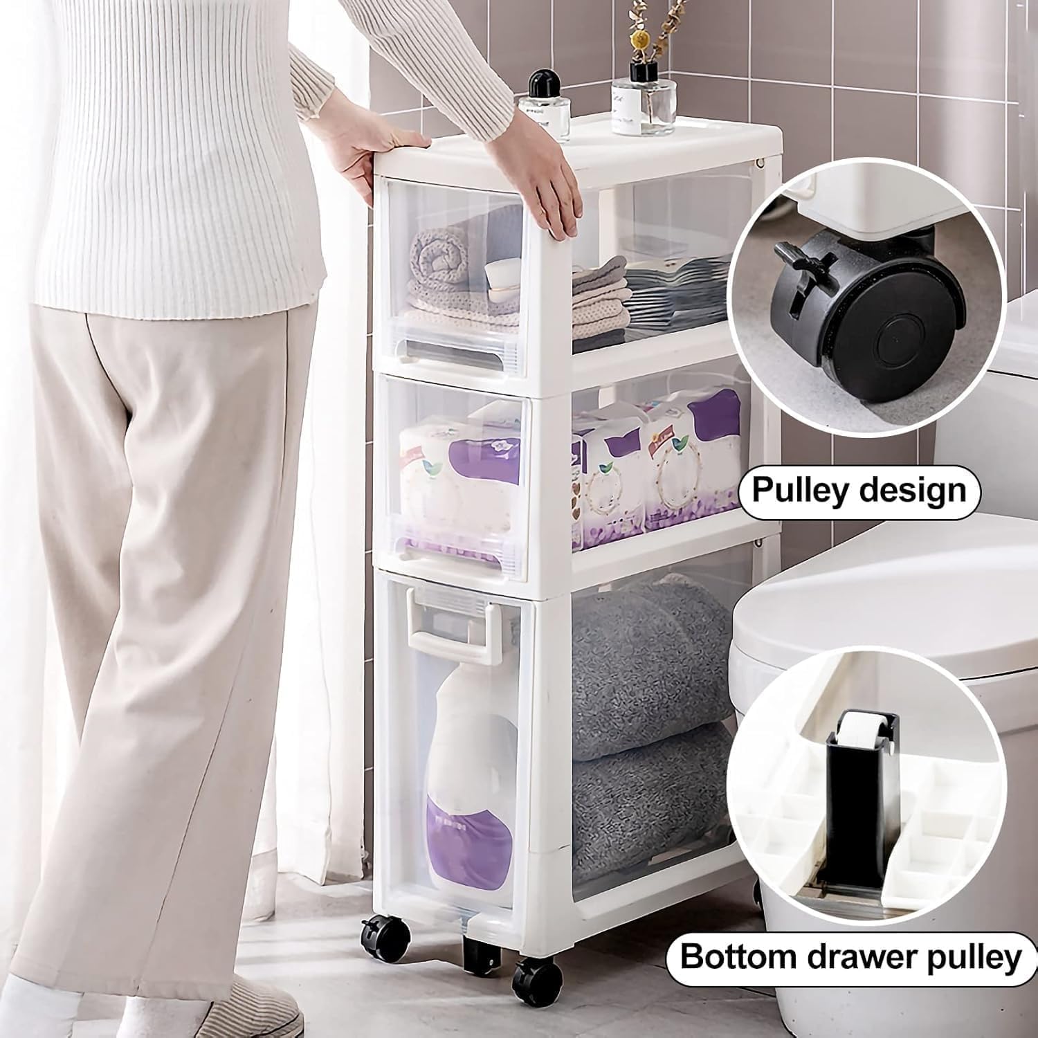 Slim Toilet Paper Storage Cabinet with Large Capacity and 4 Drawers Vertical for Bedroom Laundry(White,4 Tier)