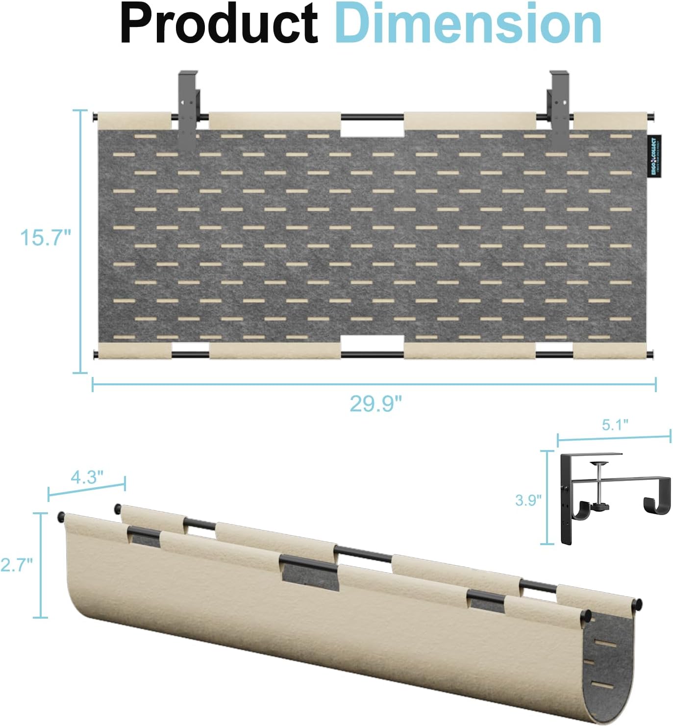 2-in-1 Under Desk Cable Management Tray & Privacy Panel, Dual-Sided Thick Felt Cord Organizer with 20 Cable Ties, Heavy Duty Steel Frame Support, No-Drill Clamp Mount, Large Capacity (Khaki/Gray, 30")