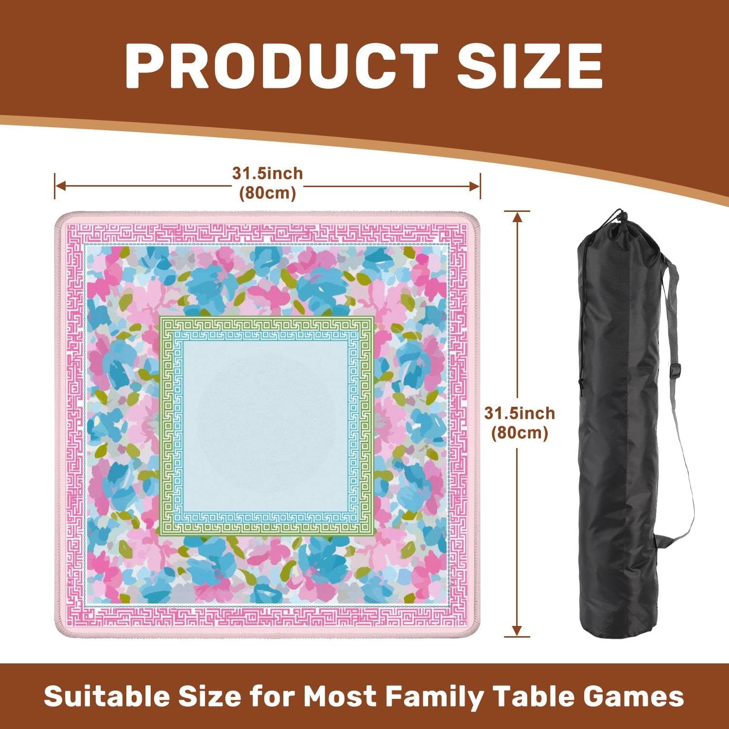 Mahjong Mat 31.5" x 31.5" Floral Pink Blue Watercolor Geometric Border Design Non-Slip Noise Reduction Mahjong Tiles Table Cover for Dominoes Poker Card Board and Tile Games
