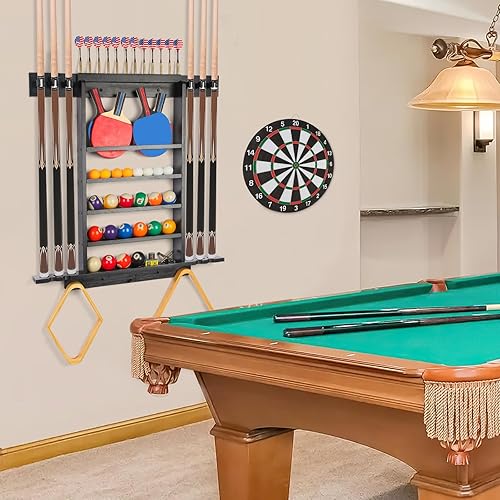 Miniatura 2 de Soporte de pared para palo de piscina, soporte para tacos de piscina, soporte de paleta de ping pong, soporte de dardos 3 en 1, 100% madera maciza,