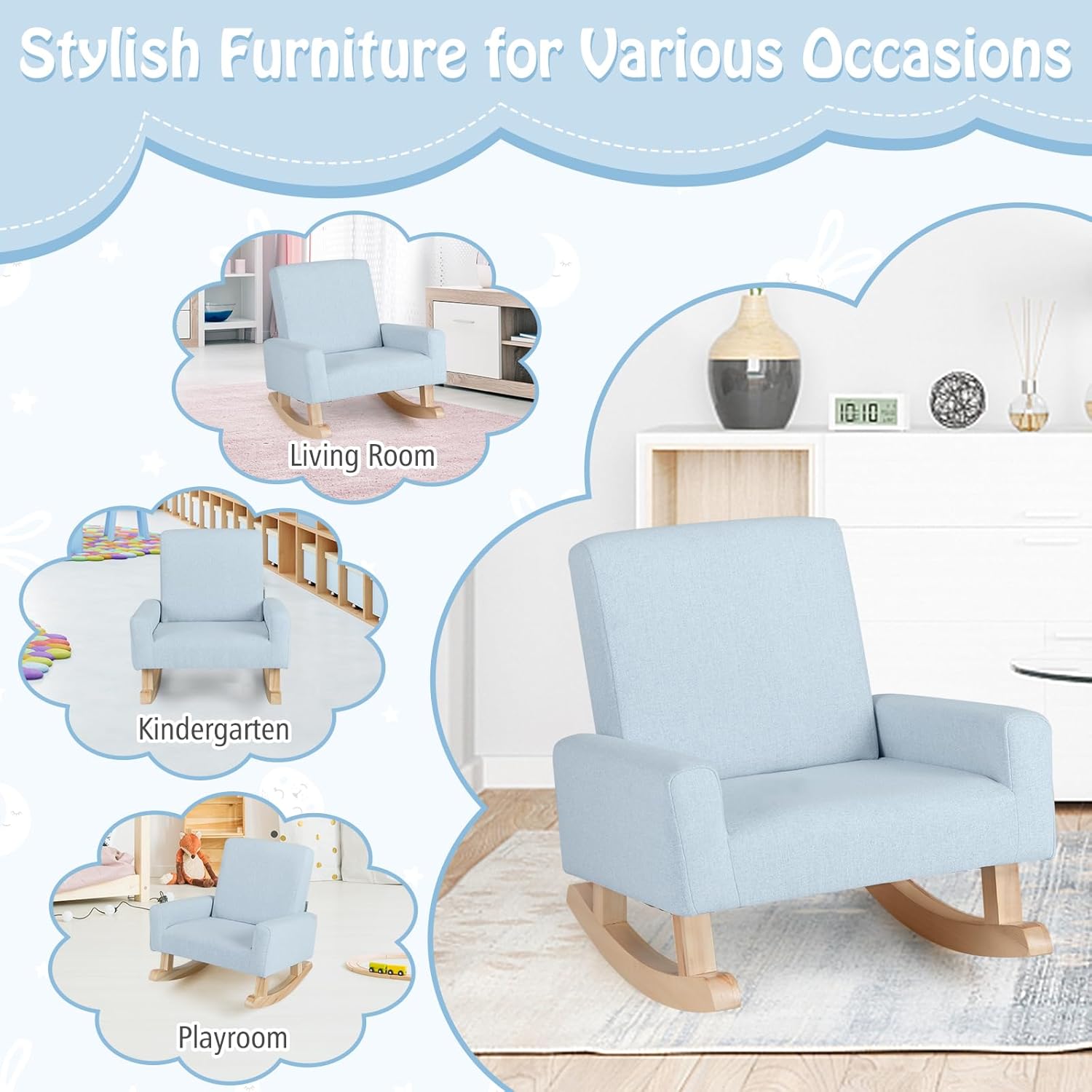 Honey Joy Toddler Rocking Chair, Kids Rocker with Solid Wood Legs & Linen Fabric, Anti-Tipping Design, Toddler Couch for Kids Room, Playroom, Nursery, Bedroom (Blue)