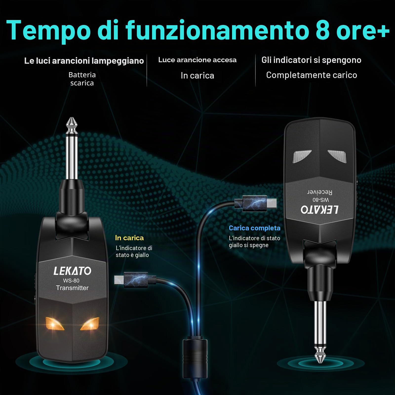 LEKATO Ricevitore Trasmettitore Wireless per Chitarra 2.4GHz Cavo per Chitarra Runtime 8H Dispositivo Wireless Ricaricabile per Basso Digitale per Basso(WS80)