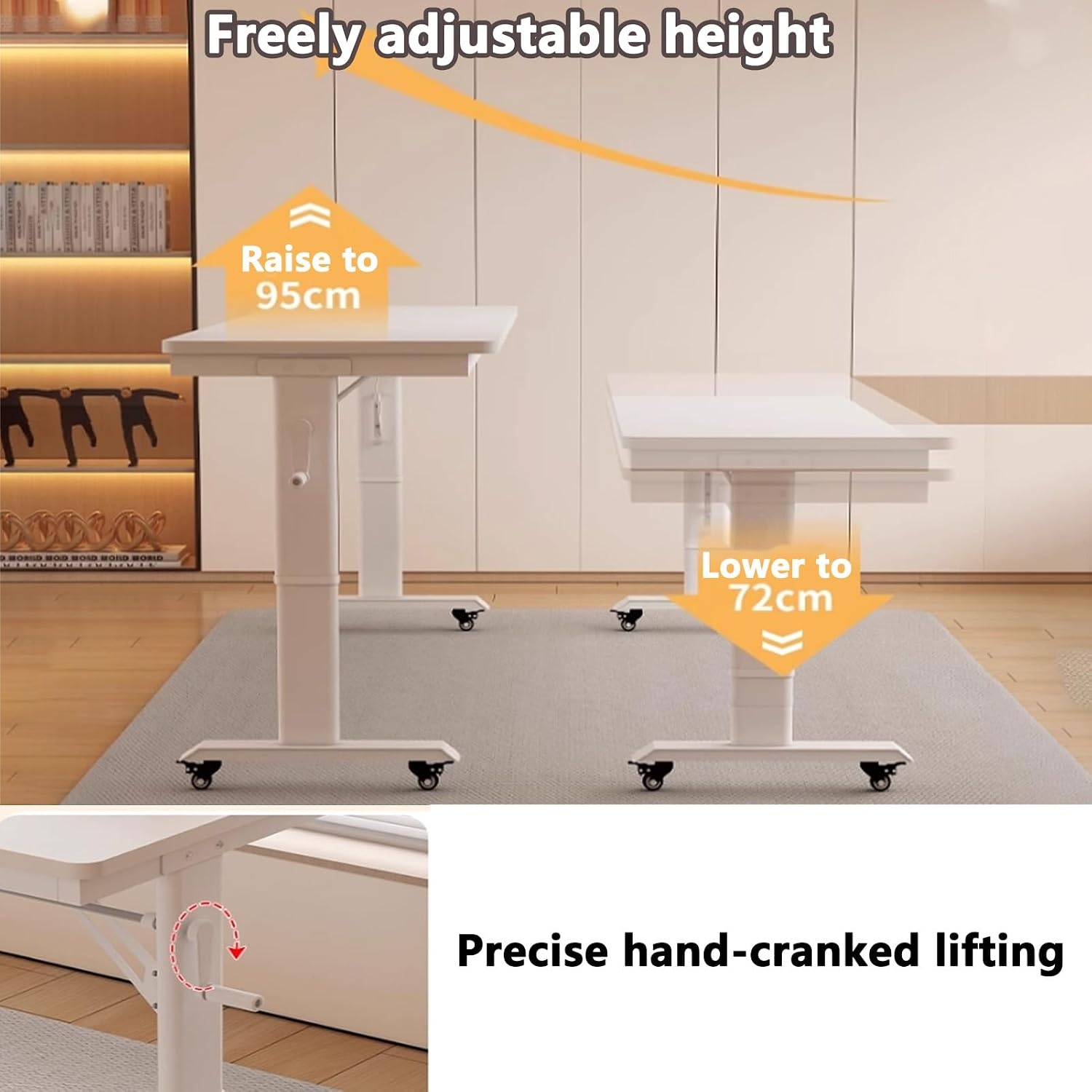 Adjustable Height Overbed Table for Laptop with Wheels, Over The Bed Working Table with Baffles and Hand Crank, Portable Mobile Laptop Cart for Bedroom Work(Black+White,150x50cm)