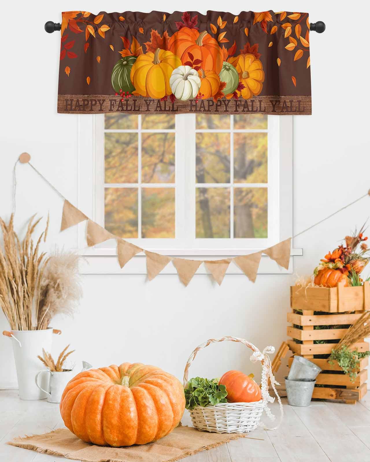 CosyBright Window Valance Light Filtering Window Treatment Thanksgiving Harvest Pumpkin Fall Rod Pocket Curtain Valance,54x18 inch Decorative Kitchen Valance for Bedroom Bathroom Cafe