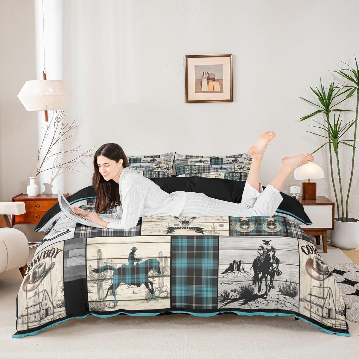 Erosebridal Western Comforter Cover Full Boho Western Bedding Set Cowboy Duvet Cover Bull Horse Cow Print Bedspread Cover Country Farmhouse Buffalo Plaid Check Decor Turquoise 2 Pillow Cases