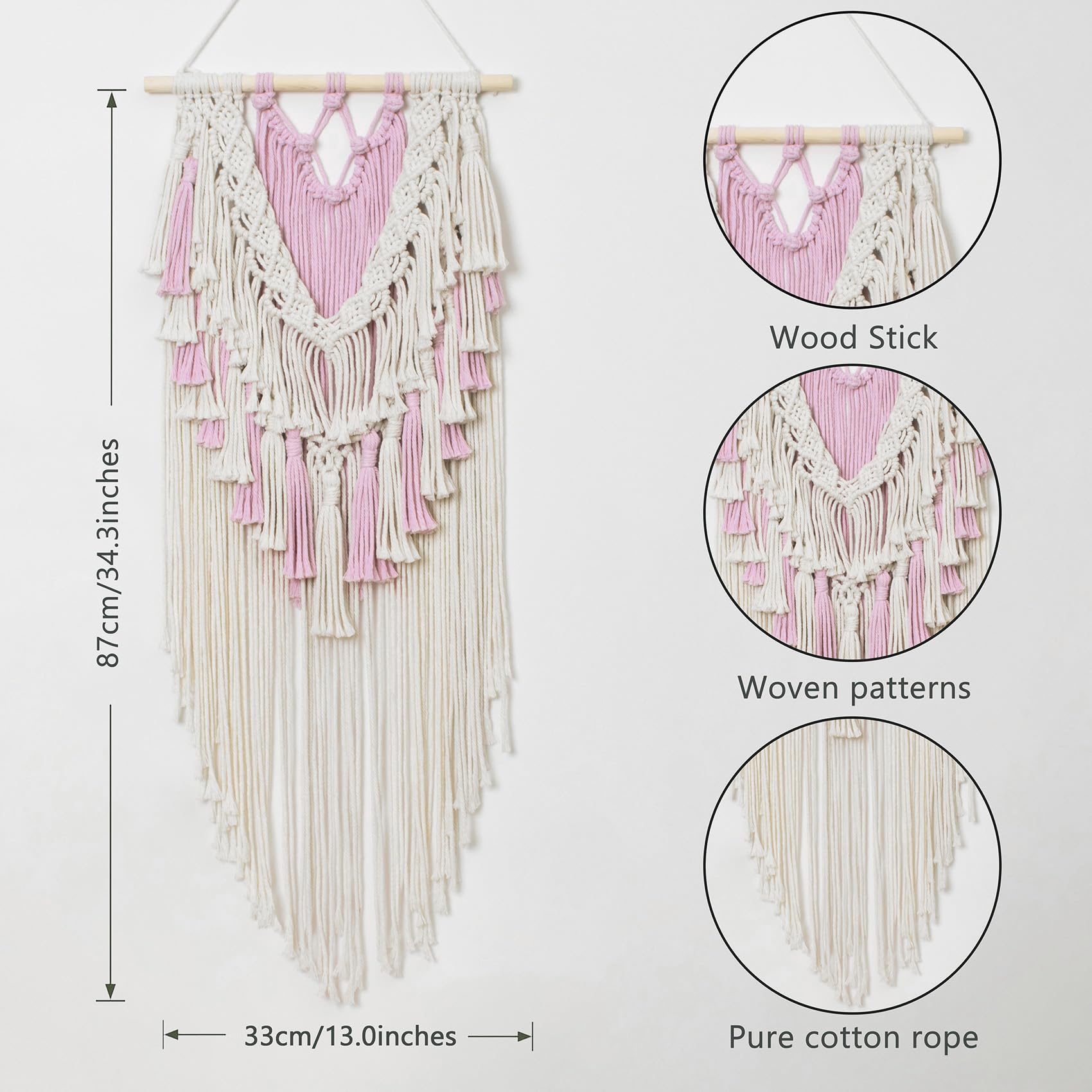 Tapiz de macramé rosa para colgar en la pared, decoración de pared bohemia con borlas rosas y beige, tapiz bohemio para habitación de niñas, habitación de niños, sala de estar, guardería, 2