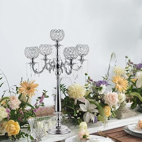 Miniatura 40 de VINCIGANT Candelabro de piso alto de 5 brazos, candelabros de cristal para centros de mesa de boda, candelabros de cristal plateado para decoración