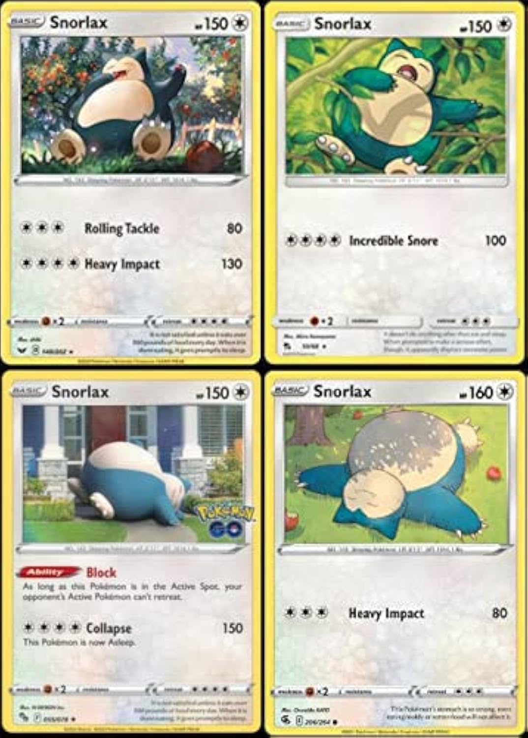 Snorlax 4 Pokemon Card Lot - Sword Shield - Fusion Strike - Hidden Fates - Pokemon Go