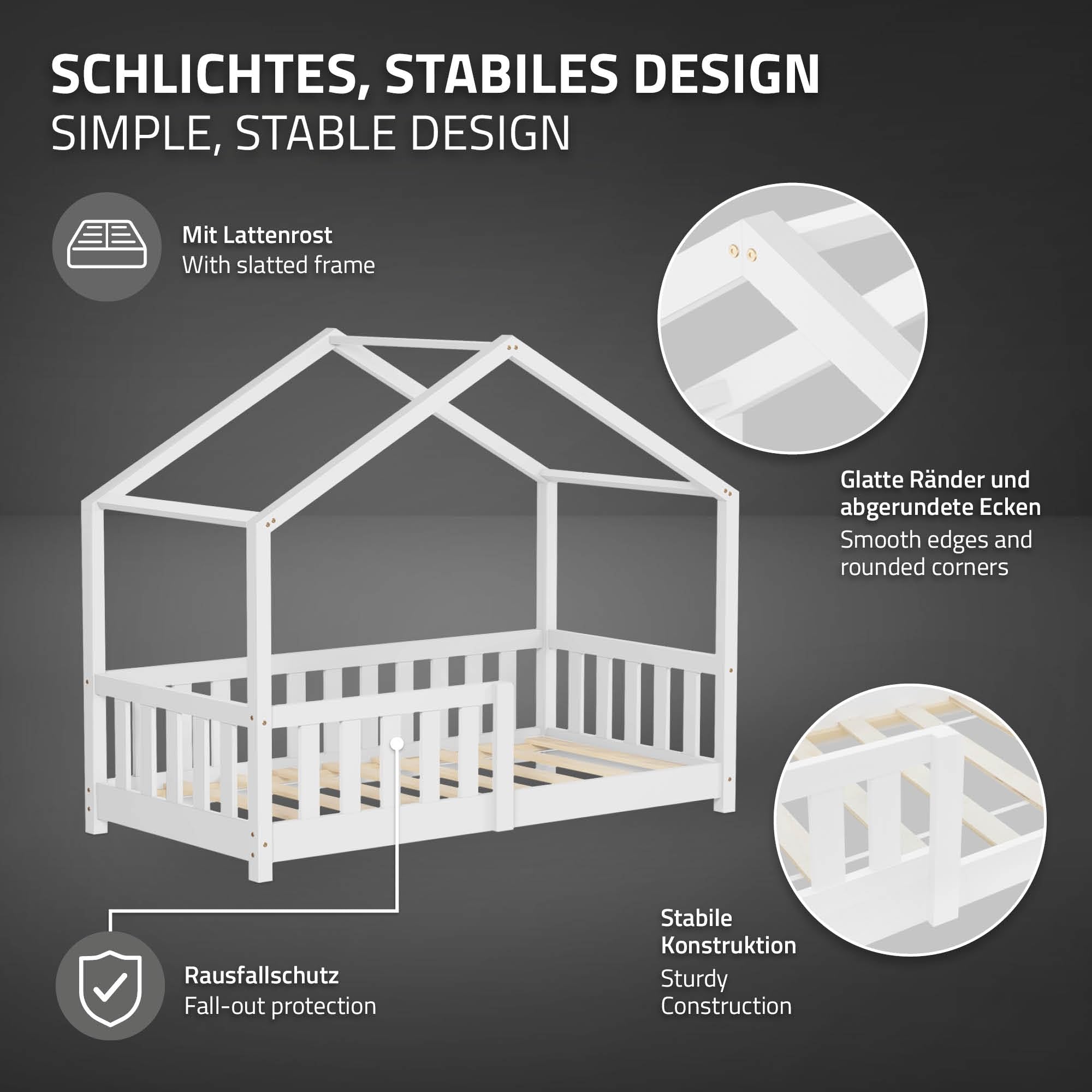 ML-Design Kinderbett Hausbett 70x140 cm Weiß, Holzbett mit Rausfallschutz, Lattenrost und Dach, Spielbett aus massivem Kiefernholz für Kinder, Montessori Bodenbett Bettgestell Bettenhaus Juniorbett
