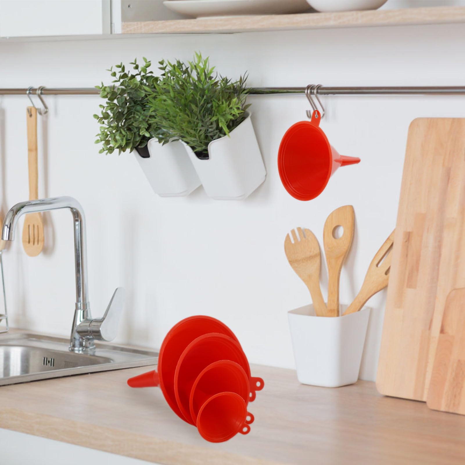 Juego de 8 embudos de plástico, embudos de filtro de boca ancha, para cocina, laboratorio, garaje, líquidos de coche, productos secos, botellas (rojo)