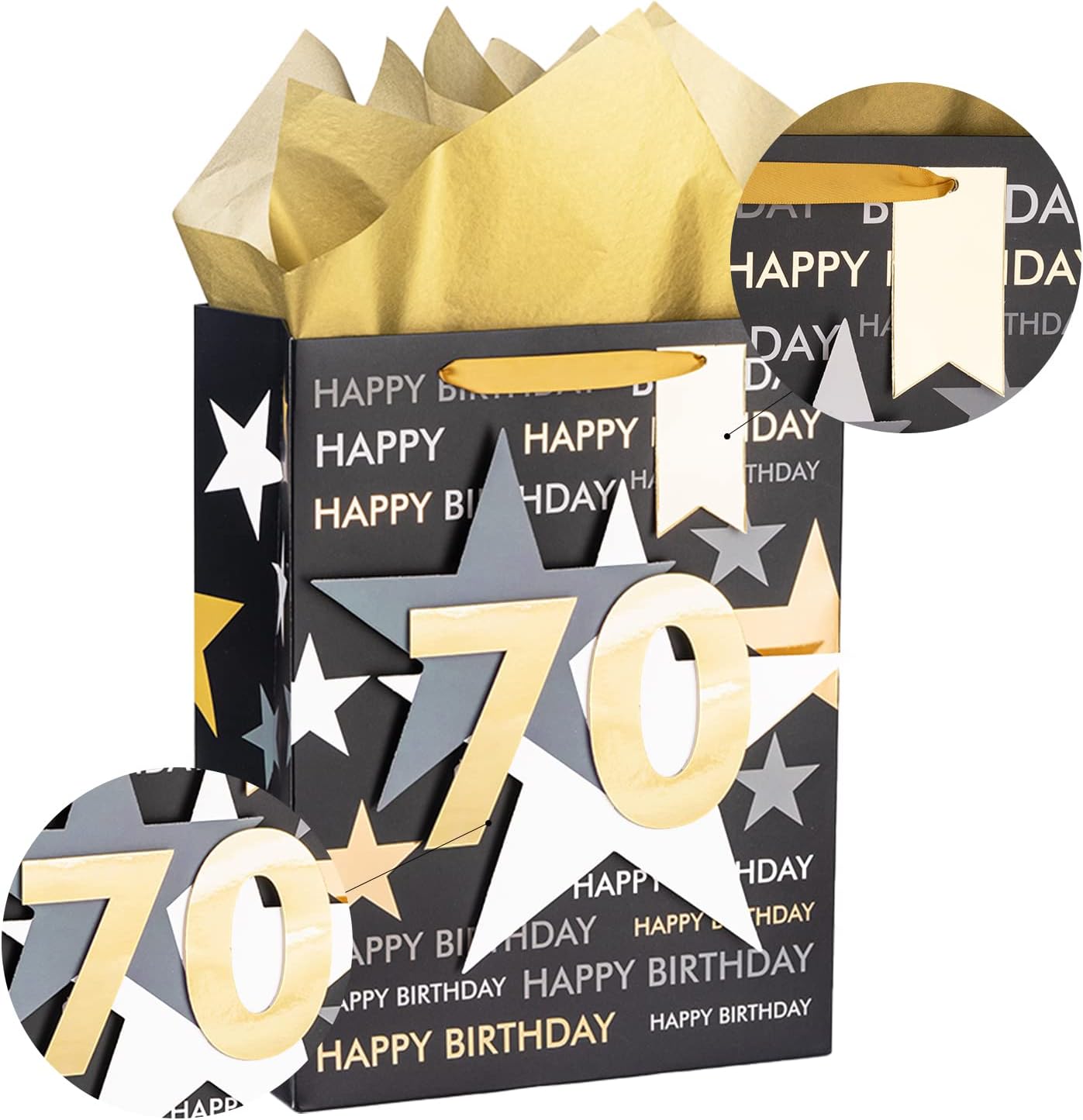 Loveinside Birthday Gift Bag with Tissue Paper and Greeting Card for 70 Birthday - 10" x 5" x 13", 1 Pcs, Black Gold - Image 7