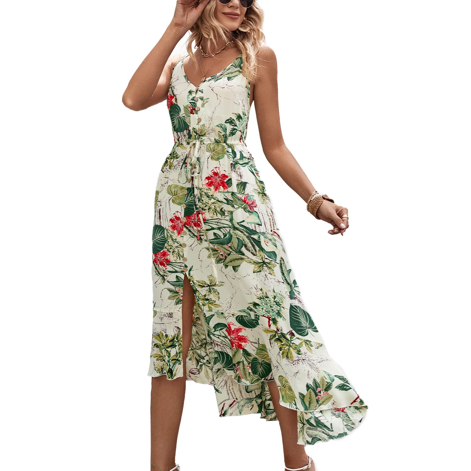 BROVAVE Women's 2025 Summer Casual Boho Sundress Polka Dot Spaghetti Strap V Neck Flowy Midi Dresses