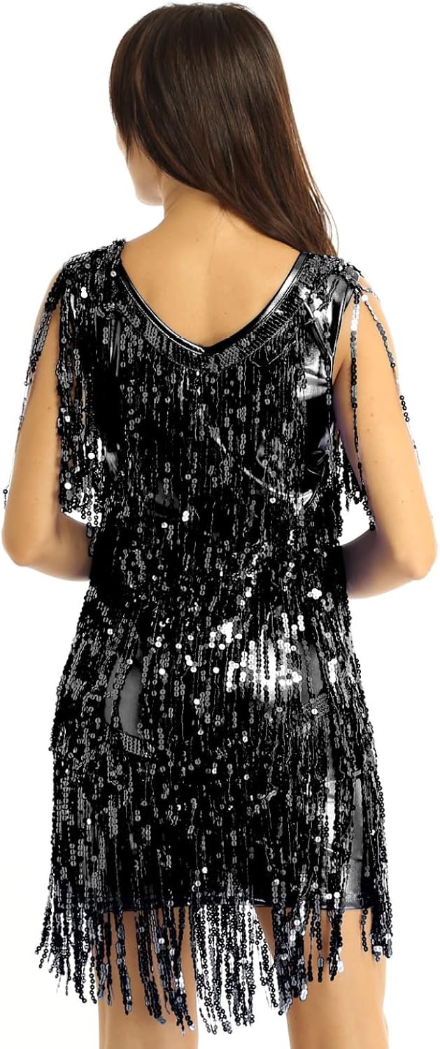 Women Sparkly Sequins Tassels Fringe Dress Sleeveless Leotard Dress Latin Tango Samba Dance