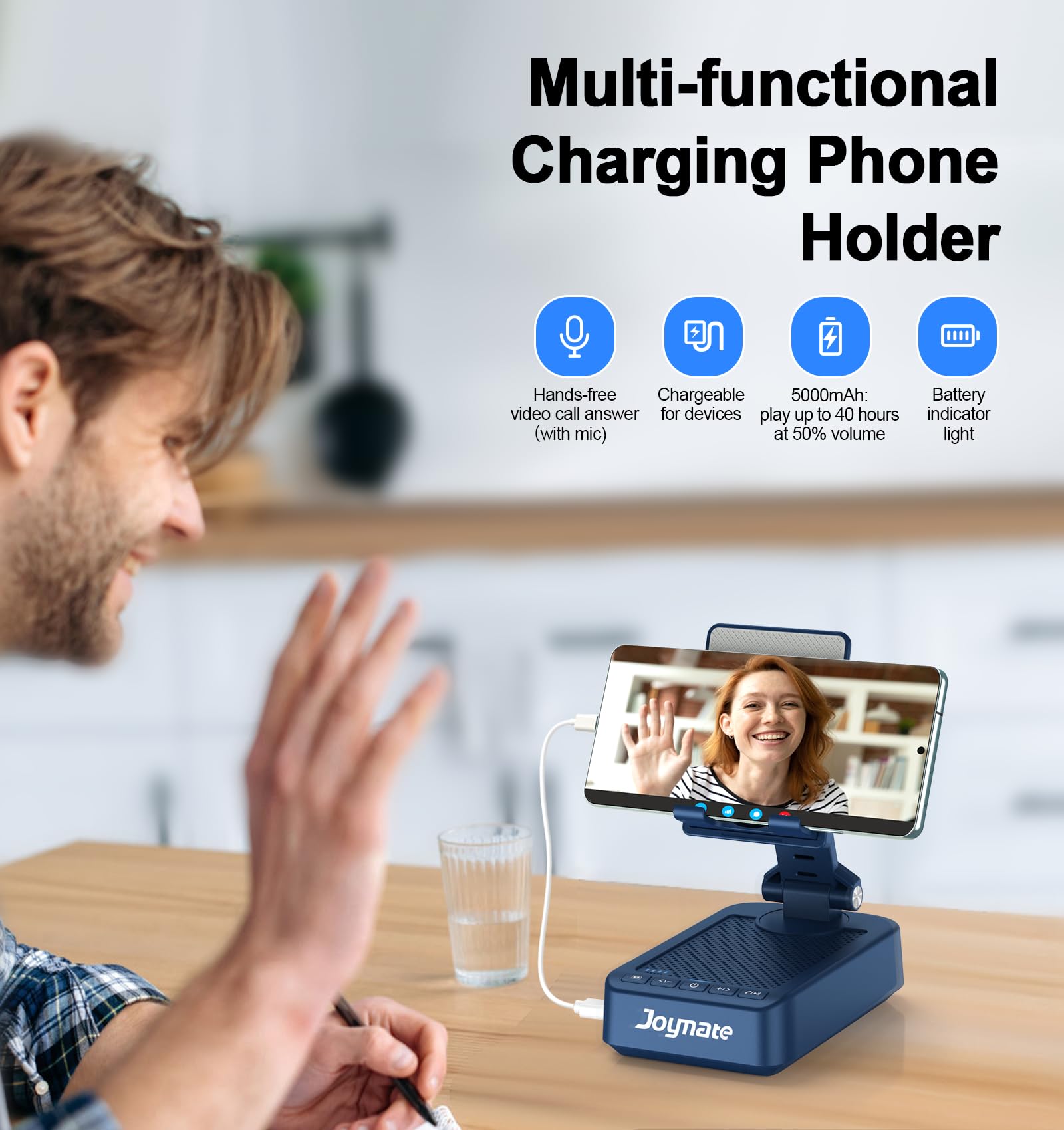 Regali per uomini e donne, supporto per telefono Bluetooth con funzione di ricarica, girevole a 360°, regolabile, suono surround HD, per scrivania, adatto a tutti i telefoni e tablet (blu)