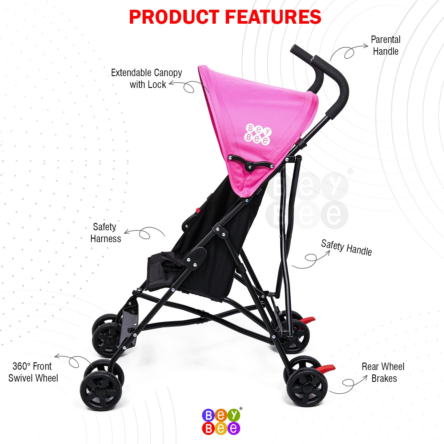 BeyBee Travel-Friendly Light Weight Baby Stroller and Buggy|Poratble Trolly for Newborn Kids with 5 Point Safety Harness|Pre Installed with Canopy|Easy Foldable Boys/Girls Age 0-3 Years (Pink) 2