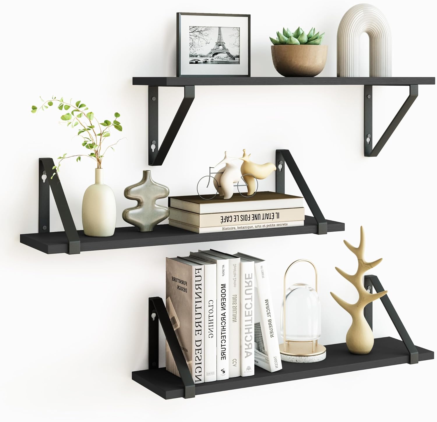 Fixwal Floating Shelves, 24 Inch Wall Bookshelf, Large Floating Book Shelves for Wall Decor, Rustic Wood Wall Storage Shelves for Bedroom, Living Room, Kitchen, Bathroom, Set of 3 (Black) Black 24 Inch