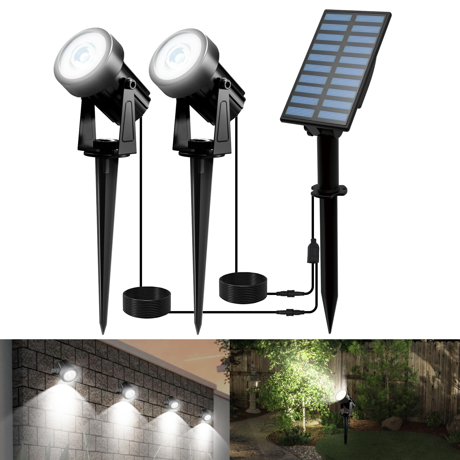 T-SUNUS Focos Solares LED Jardin, Luces LED Exterior Solares Luz Blanca Fría, con Encendido/Apagado Automático, Impermeable IP65, Luz Solar para Camino Césped Patio y Acera, 2 IN 1 6000 K