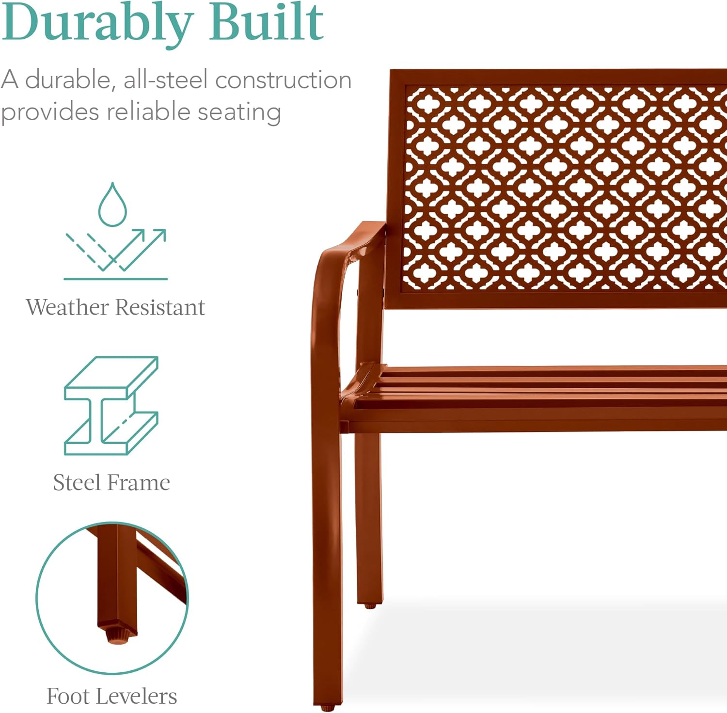 Rust Steel 2-Person Outdoor Bench with Geometric Backrest