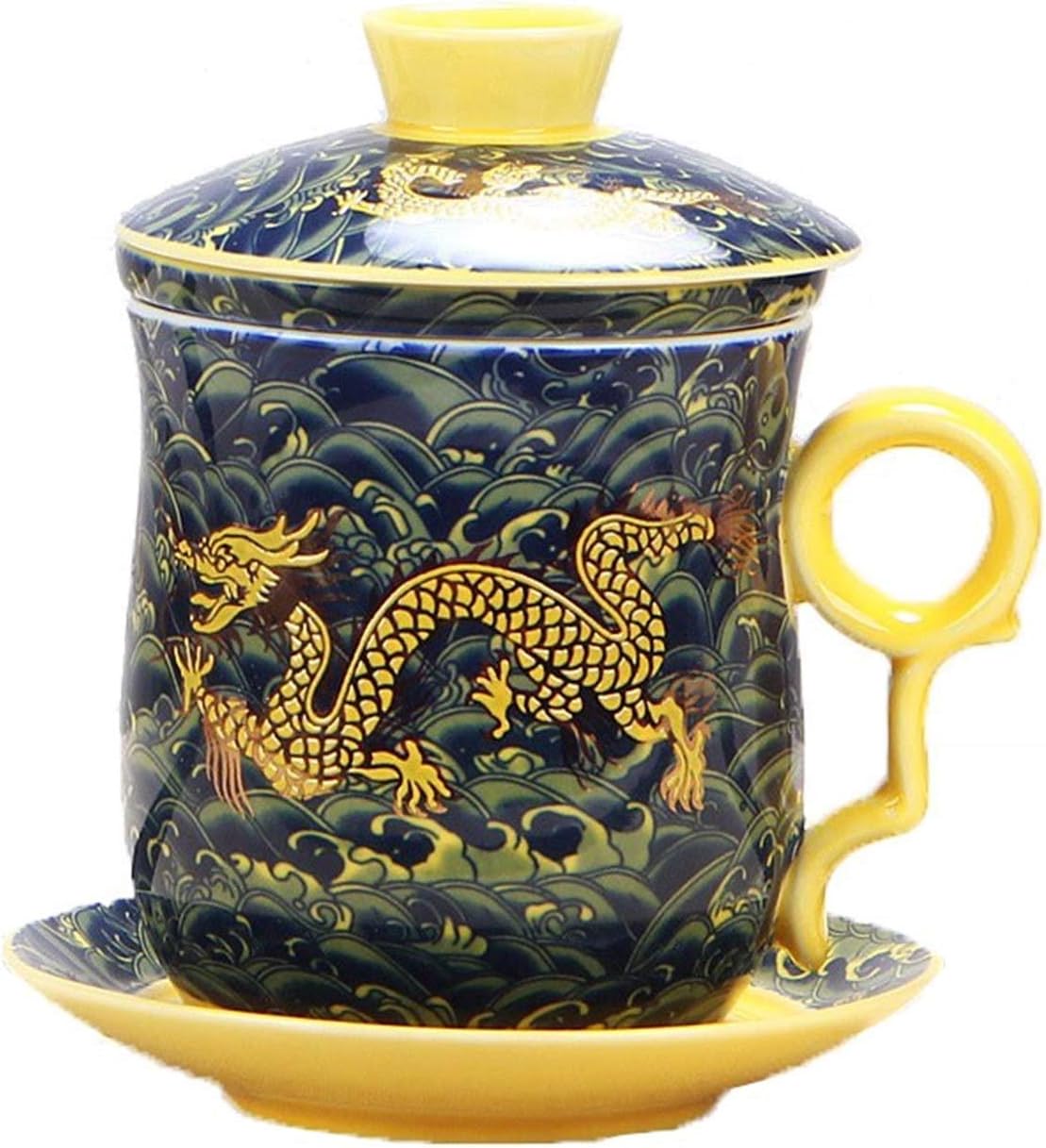 (Dark Green) 4pcs Set of Chinese Dragon Pattern TeaMug with Strainer