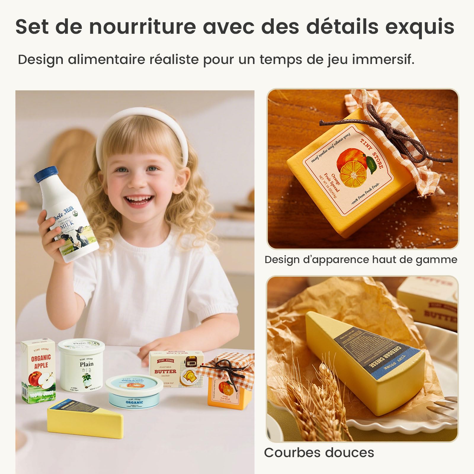 Tiny Land Dinette en Bois - Set de 7 Aliments Jouet avec Lait Jus Fromage | Kit Accessoire Cuisine Enfant, Jeu d'Imitation Montessori, Cadeau pour Fille et Garçon 2 Ans+