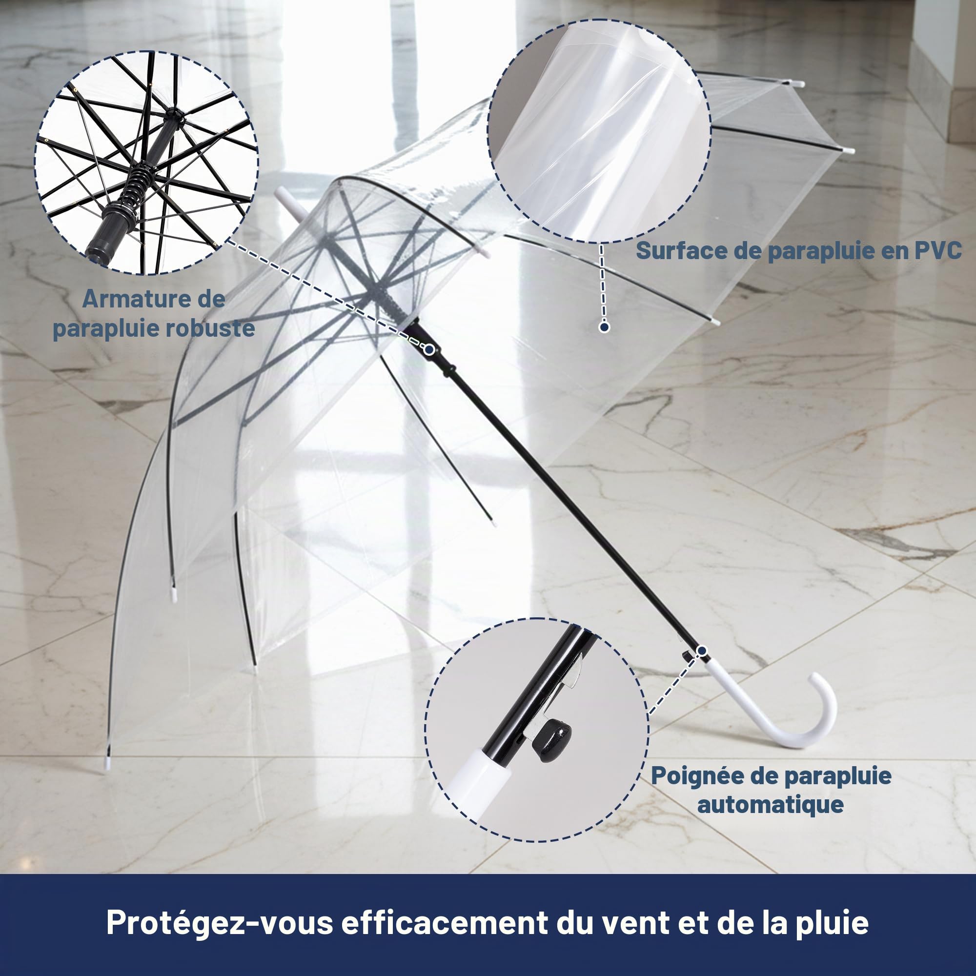 uyoyous Lot de 10 parapluies-cannes jetables transparents - Parapluie automatique transparent avec 8 baleines métalliques ventilées - Parapluie simple Ø 95 cm - Parapluie pour une personne