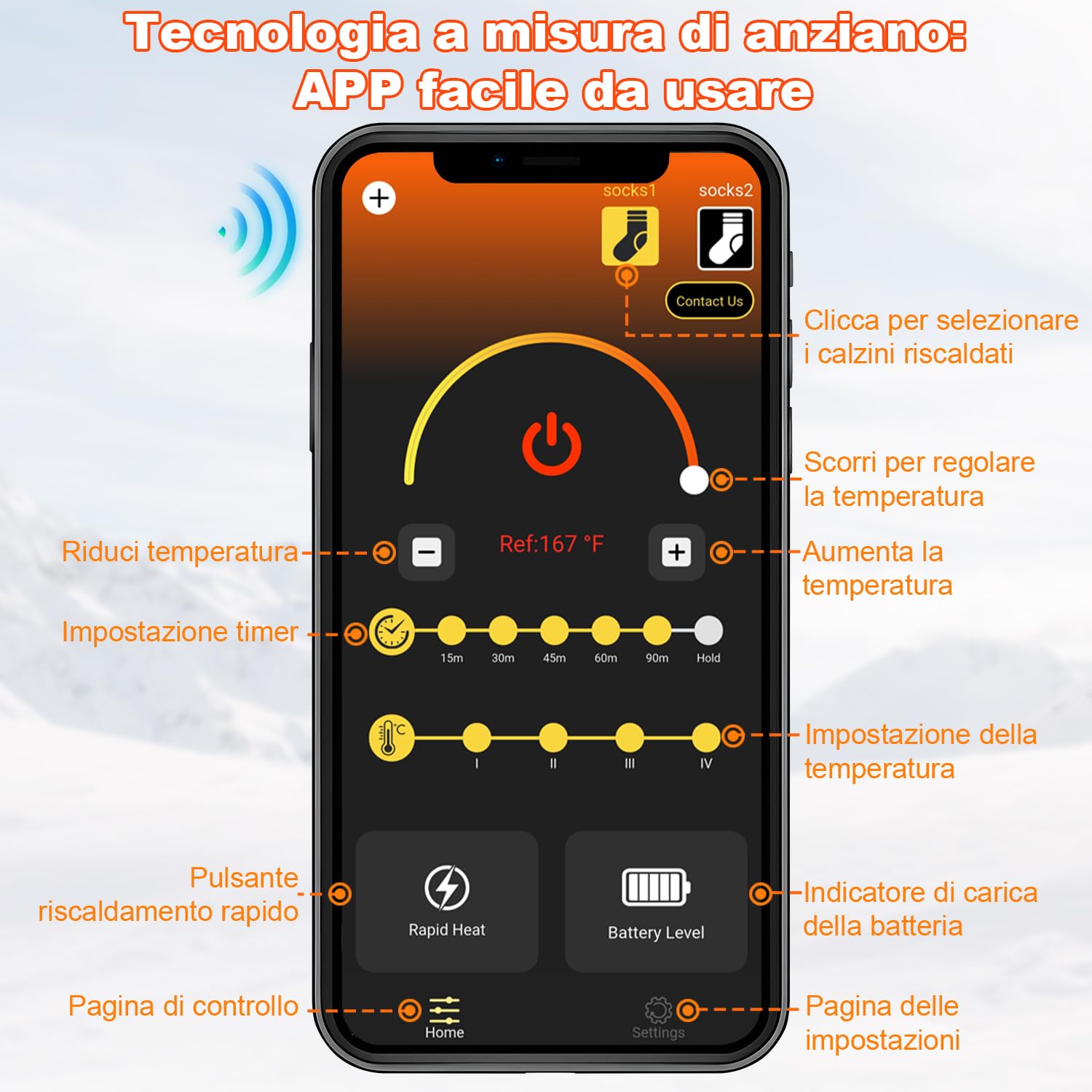 Calze Riscaldate a Batteria 8000mAH Calzini Scaldapiedi Con controllo dell'app, USB Riscaldati Scaldapiedi Elettrico Calze Design del calore in punta di piedi Termiche per Sci, Pattinaggio,Escursioni