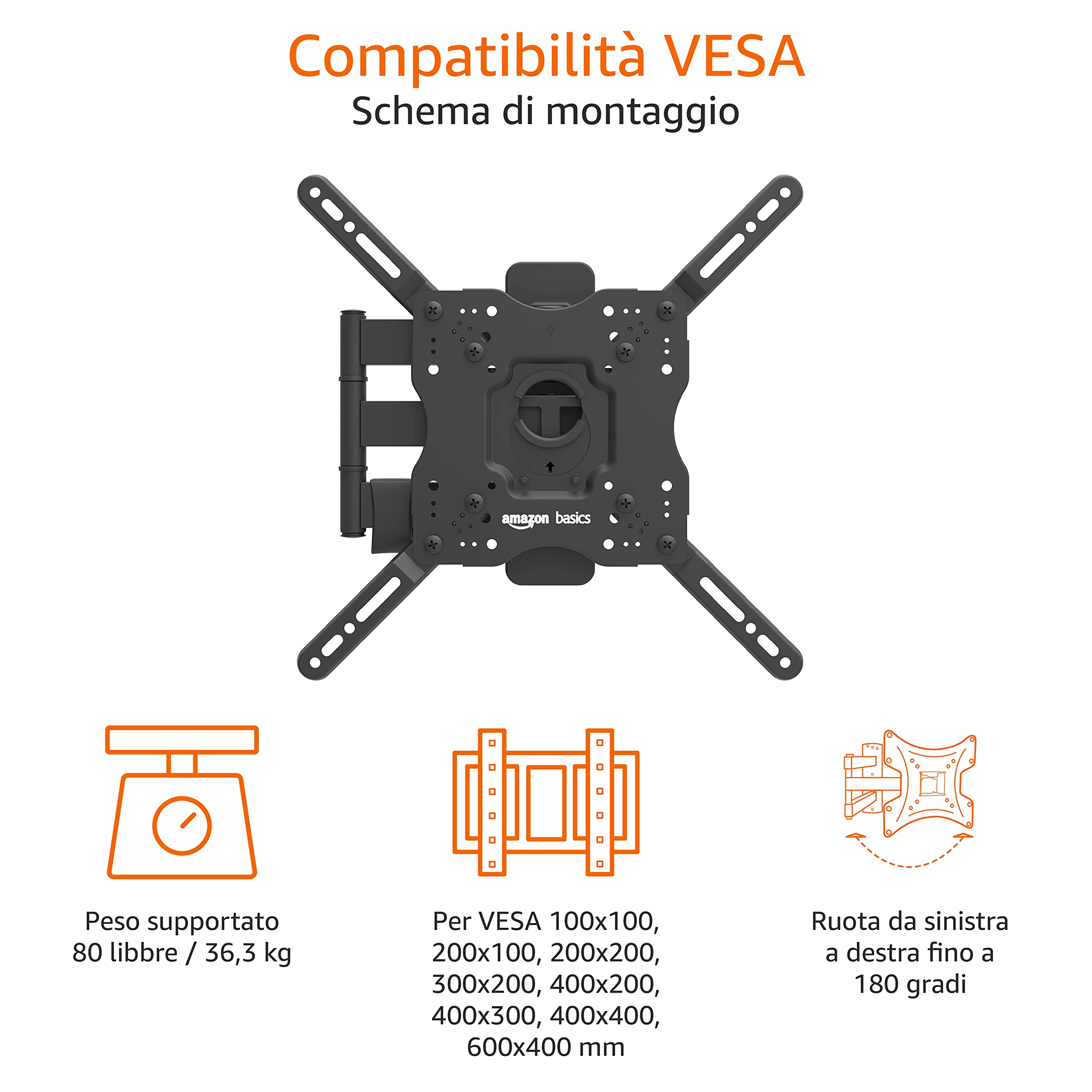 Amazon Basics Supporto da parete per TV orientabile, inclinabile, per TV o monitor piatti e curvi da 66-140 cm, fino a 36 kg, VESA massimo 400 x 400 mm, Nero