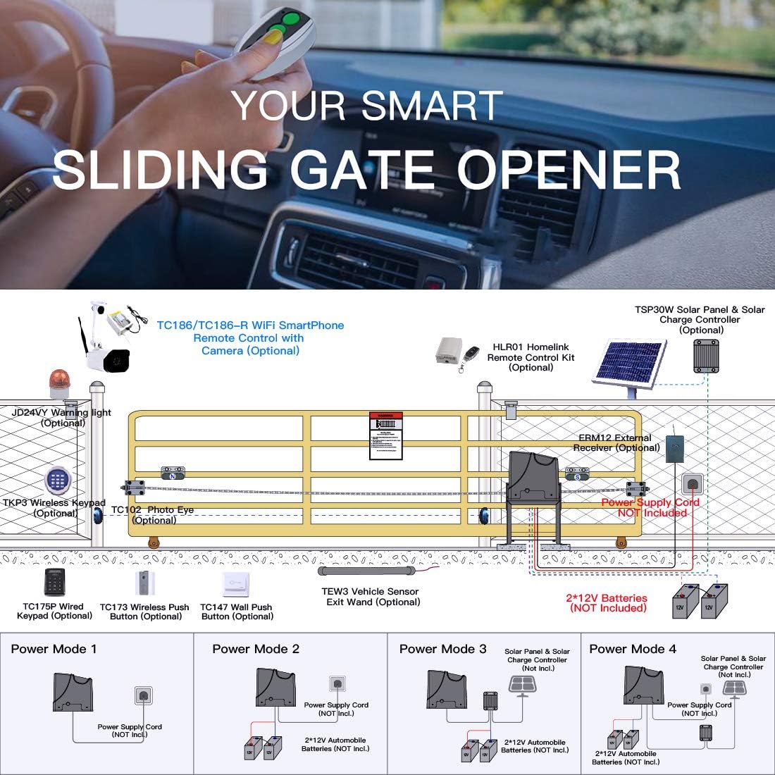 Four images showing various installations of the TOPENS DKC1000 automatic sliding gate opener on different types of gates, including ornate iron gates and simple metal gates, some with solar panels.