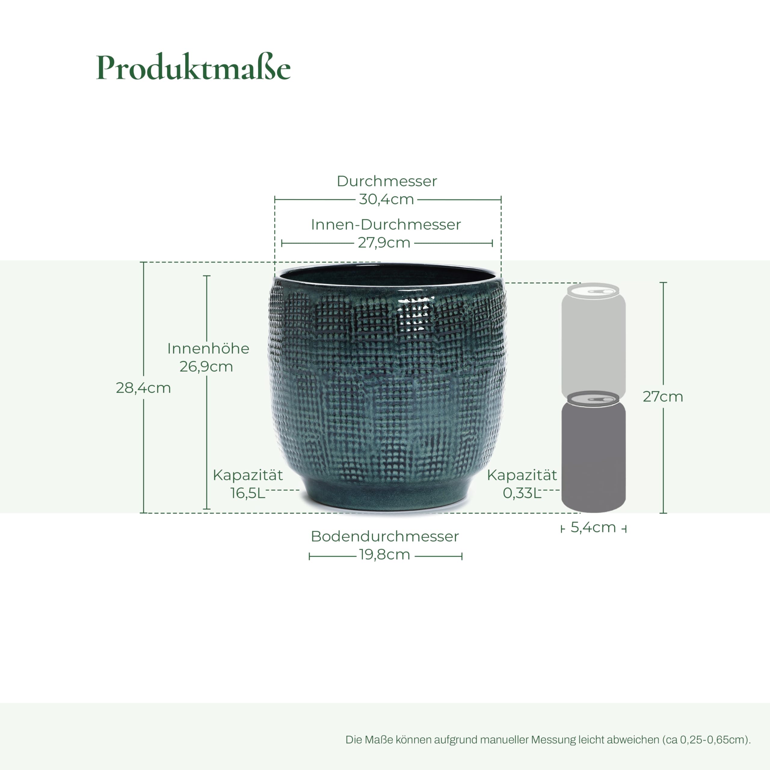Hometopia Keramik Blumentopf Groß, Round Übertöpfe Außen & Innen, Massiver Pflanzkübel mit Drainage-Loch ideal für Wohnzimmer, Küche und Balkon (Dunkelgrün, Ø30xH28 cm)